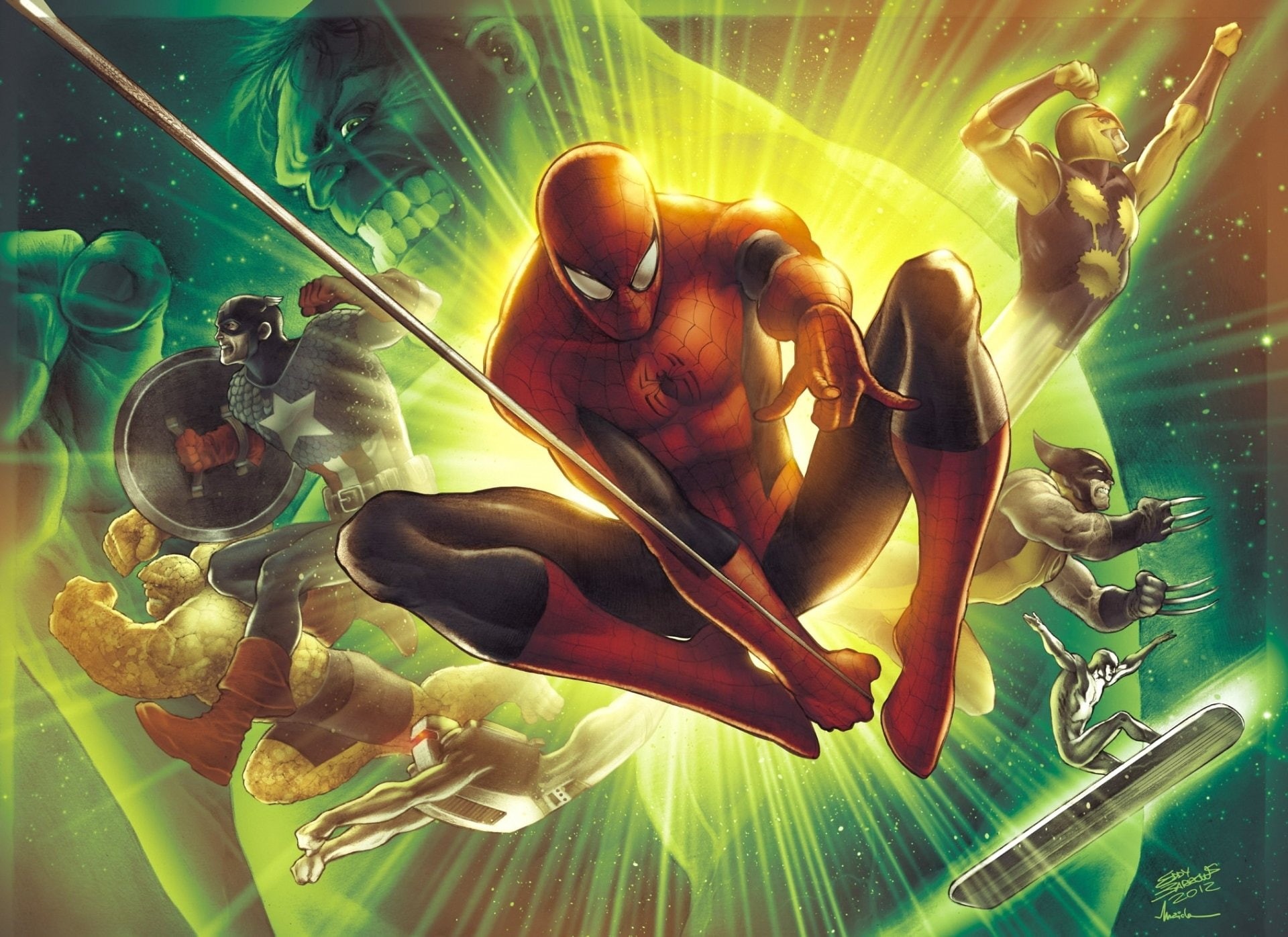 Hulk, 1080P, Captain America, Marvel Comics, Spider-Man, Silver Surfer, Thing (Marvel Comics), Comics, Wolverine, HD Wallpaper