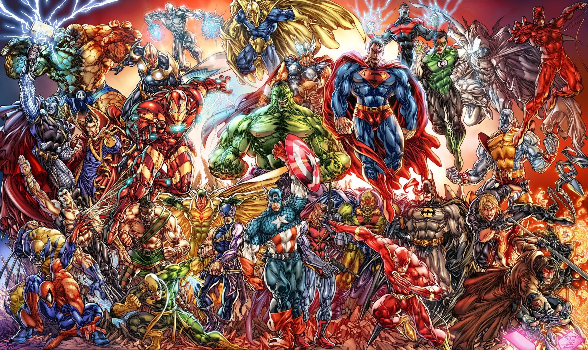 Iron Man, day, Nightwing, large group of objects, superheroes, Daredevil, Green Lantern, Hawkeye, creativity, no People, Martian Manhunter, macro, Wonder Man, HD Wallpaper
