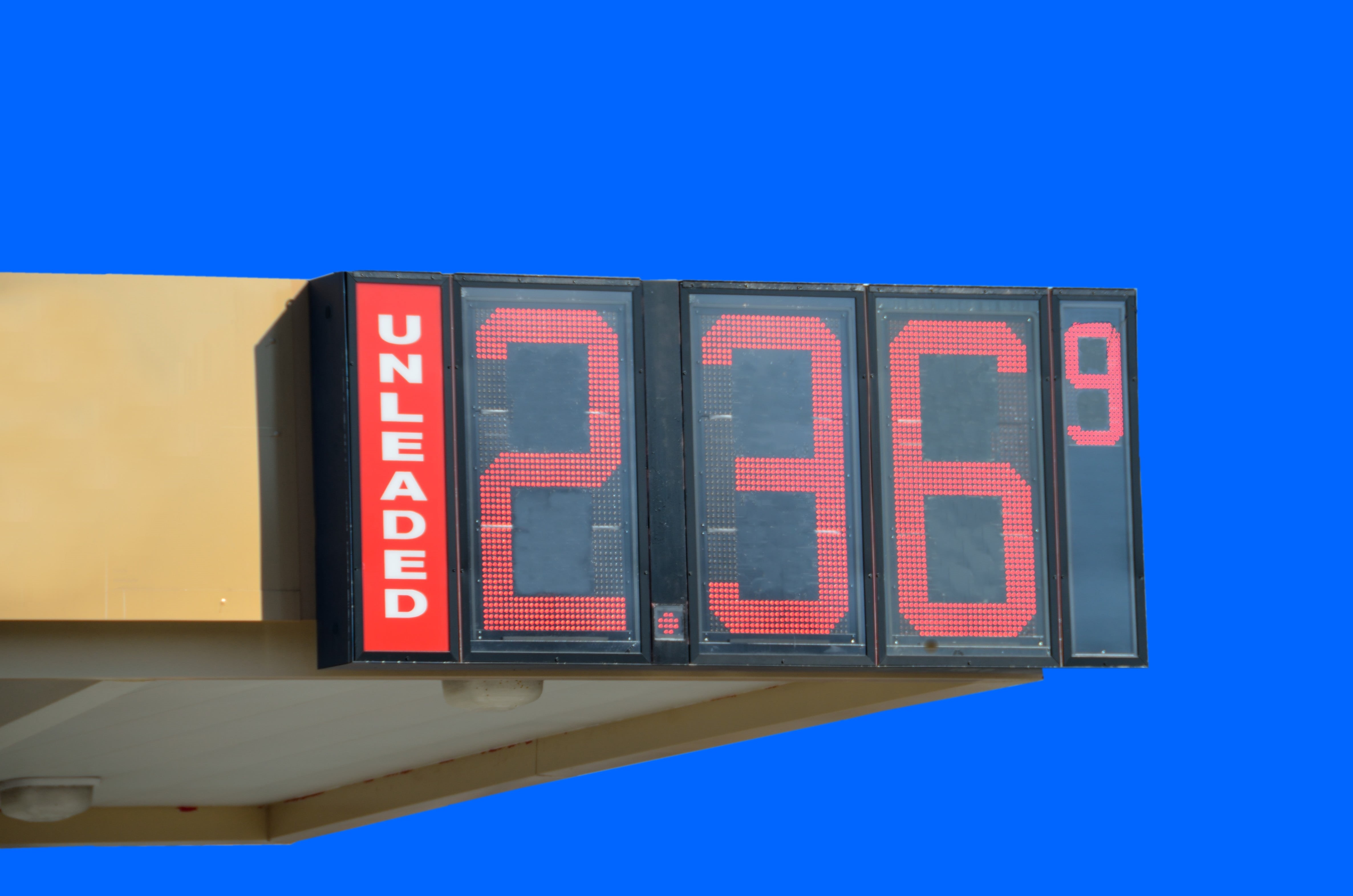 inflation, capital letter, gas price, illuminated, automobile, station, neon, isolated background, unleaded, petrol, sky, economy, red, blue, built structure, HD Wallpaper