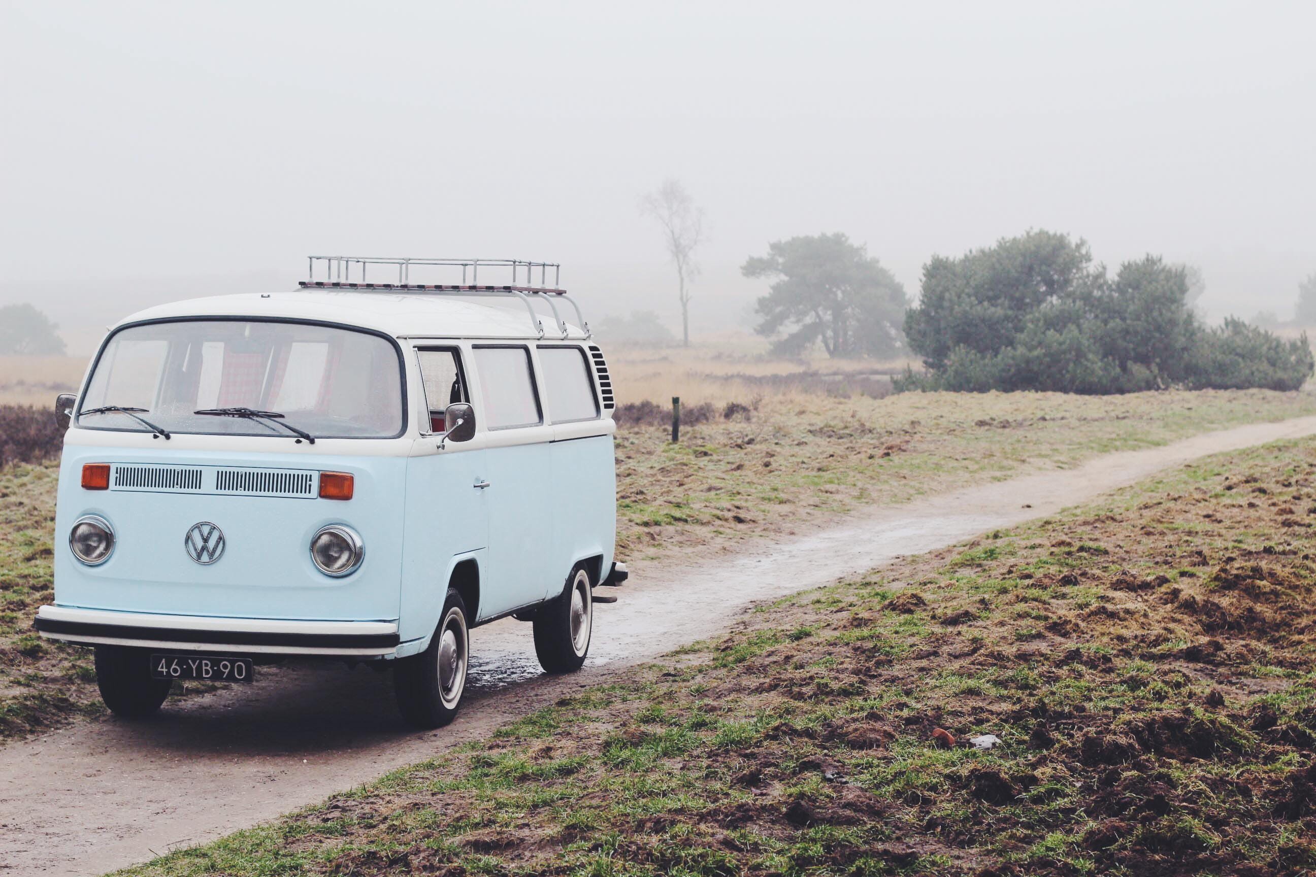 sky, gray, samba, mode of Transport, parking, land Vehicle, transportation, travel, dirt Road, car, stationary, van, blue, day, land, wv, outdoors, 2K, HD Wallpaper