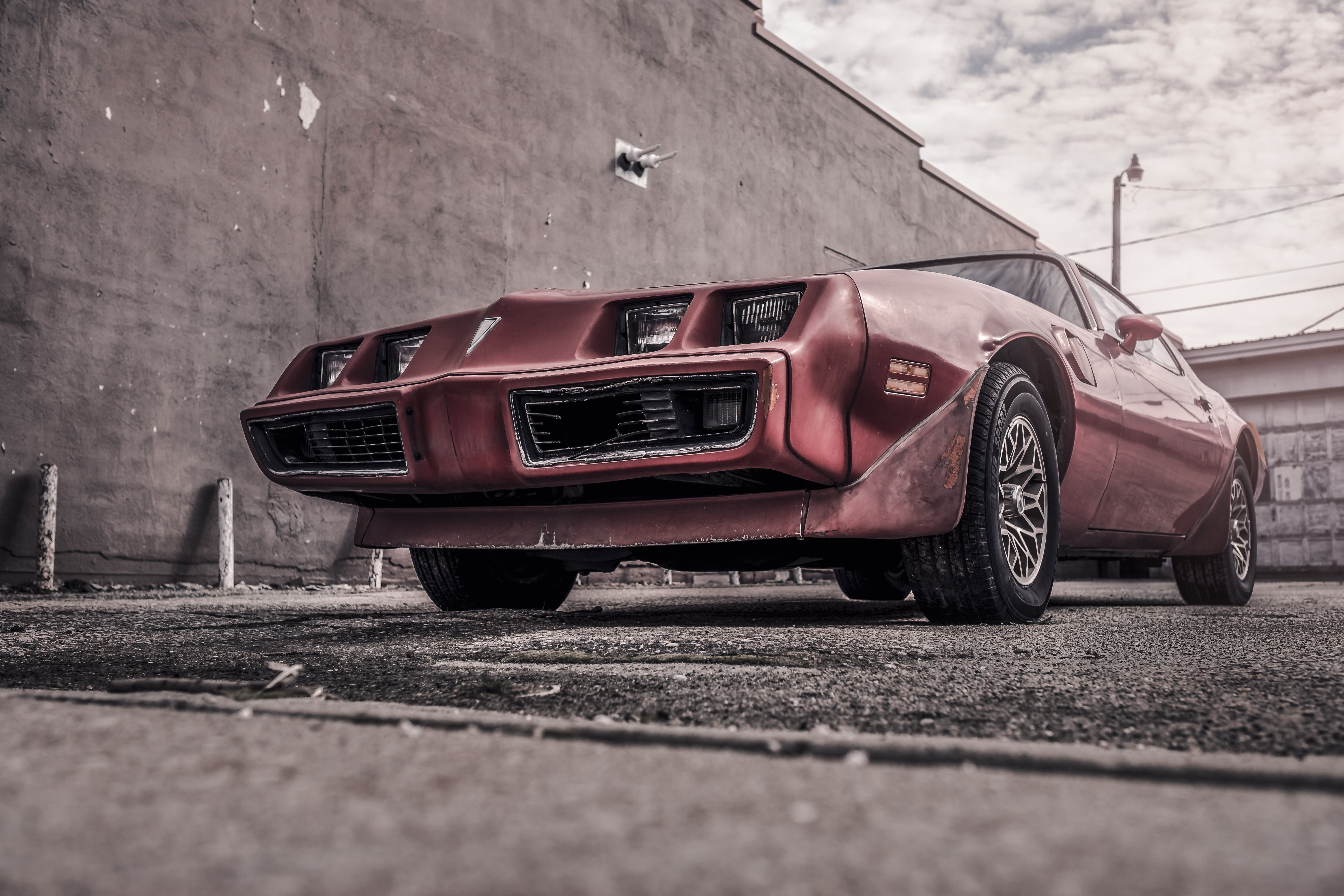 stationary, pontiac, tire, day, mode of Transport, outdoors, old, sky, fast, sports Car, mode of transportation, red Pontiac, transportation, urban, 5K, HD Wallpaper
