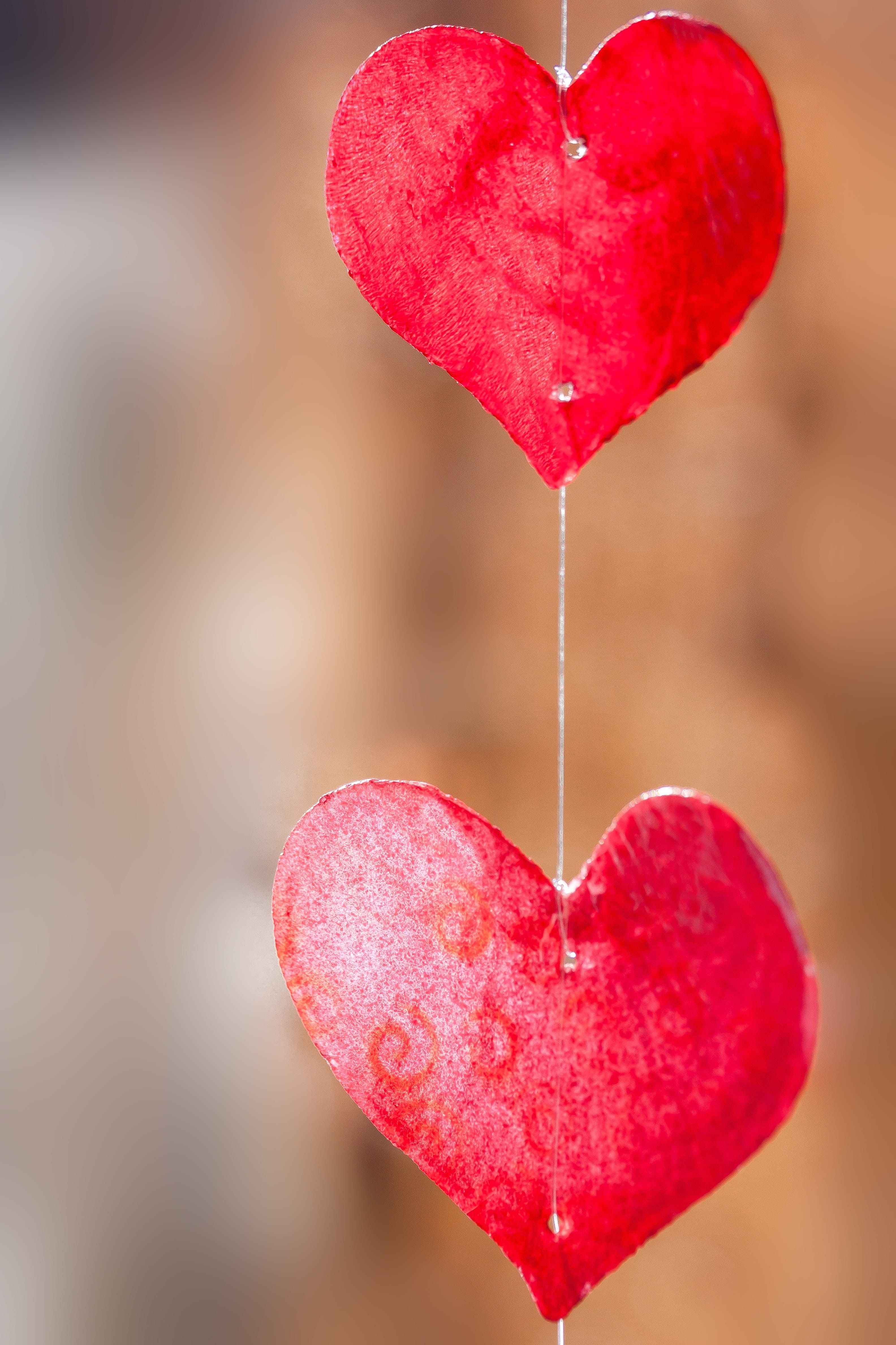 valentine, red, lasered, decoration, temptation, positive emotion, hanging, design, lovers, two, shell, shine through, hell, 4K, decor, sweet food, indoors, Phone HD Wallpaper