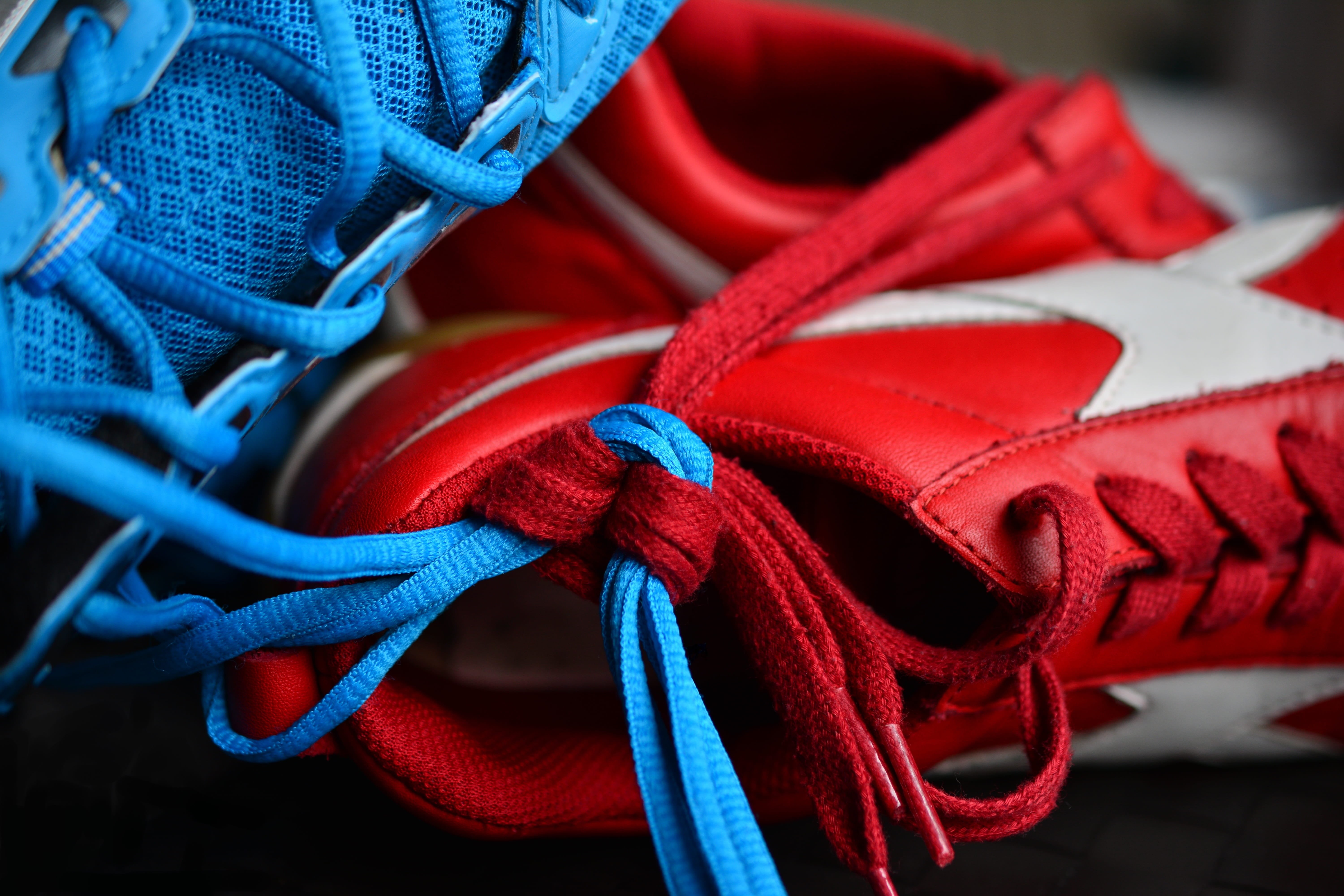 full frame, indoors, tangled, together, knot, white color, lace, partnership, bind, tied up, day, for two, red, multi colored, shoes, partner, 5K, keep together, HD Wallpaper