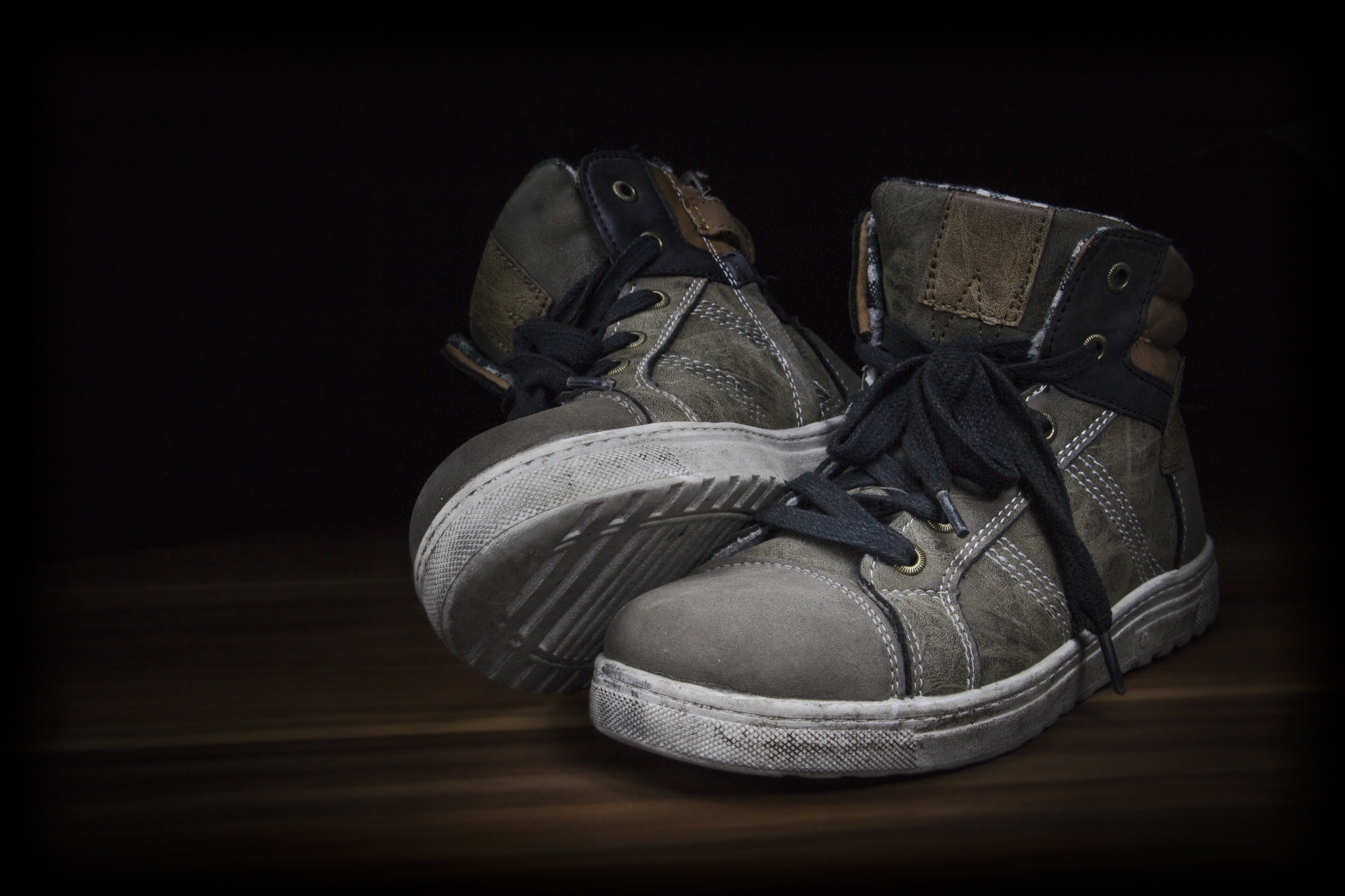 top, light painting, wood - material, gray, 5K, pair, lace - fastener, old, style, sport, indoors, still life, two objects, shoes, personal accessory, HD Wallpaper