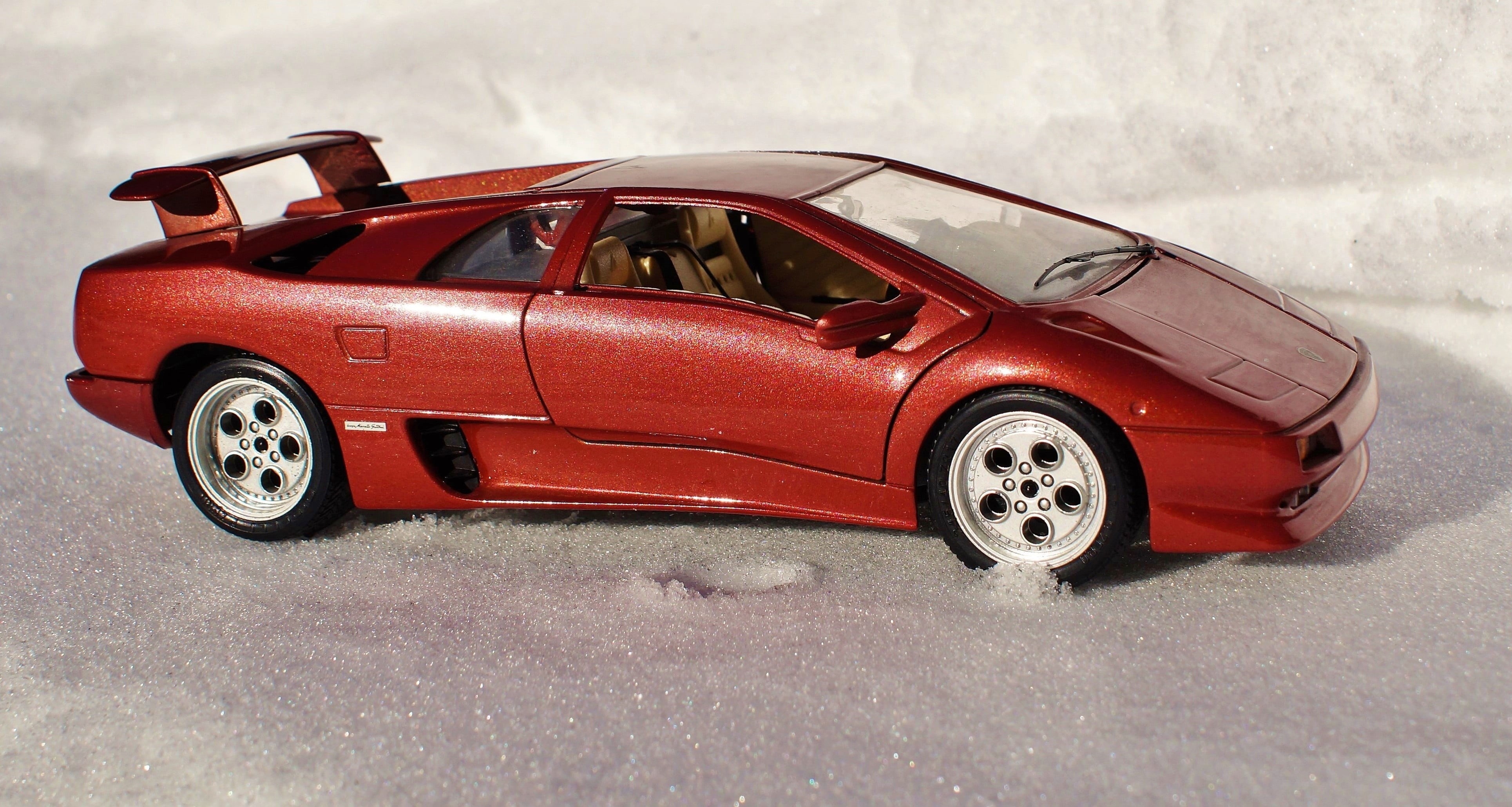 no people, snow, 4K, selective focus, small, car, road, auto, focus on foreground, toy, transportation, model, metal, indoors, coupe, red, close-up, land vehicle, HD Wallpaper