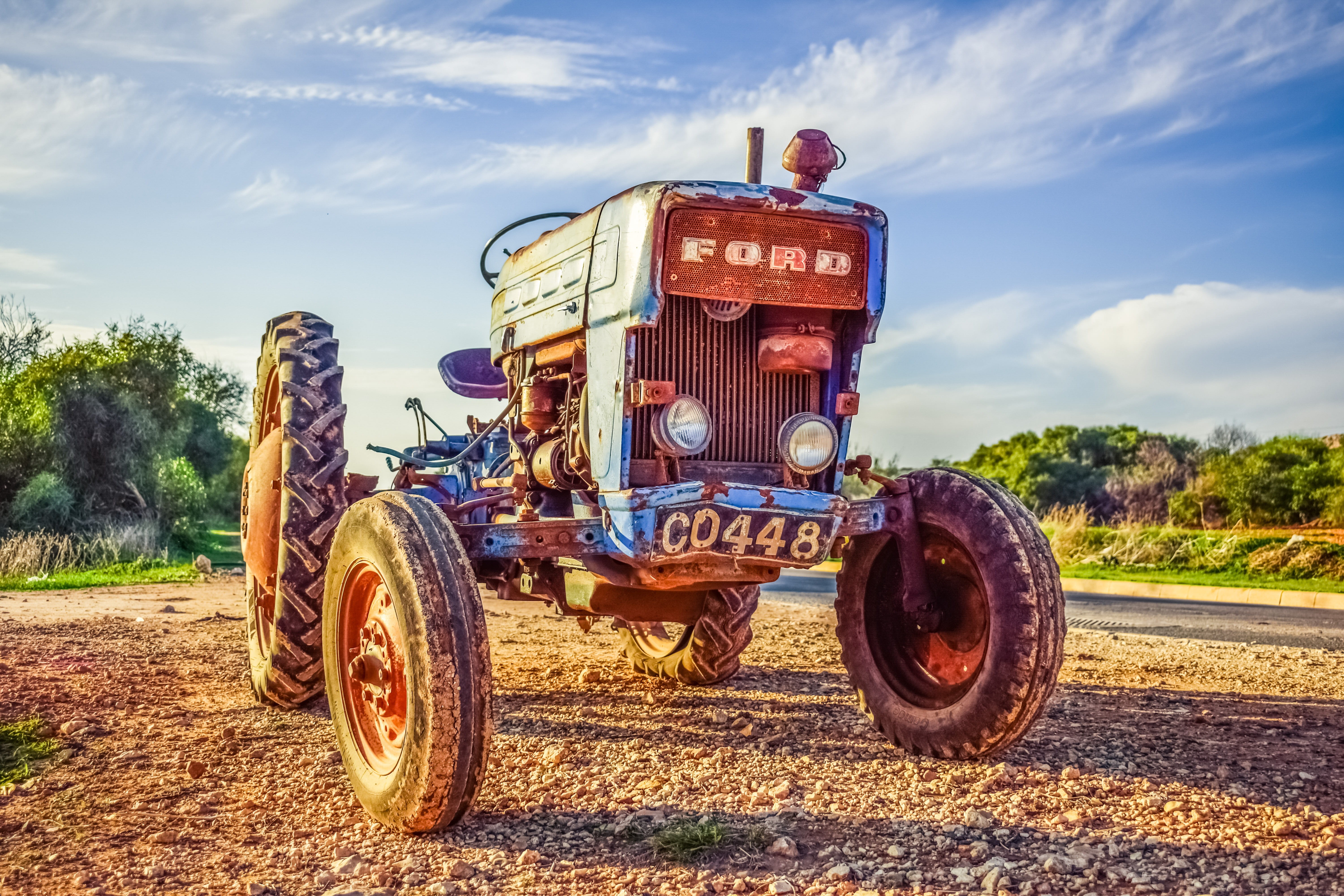 old, sky, blue, transportation, tractor, tree, wheel, field, ford, agricultural machinery, machinery, antique, rustic, plant, rural scene, land, cloud - sky, HD Wallpaper