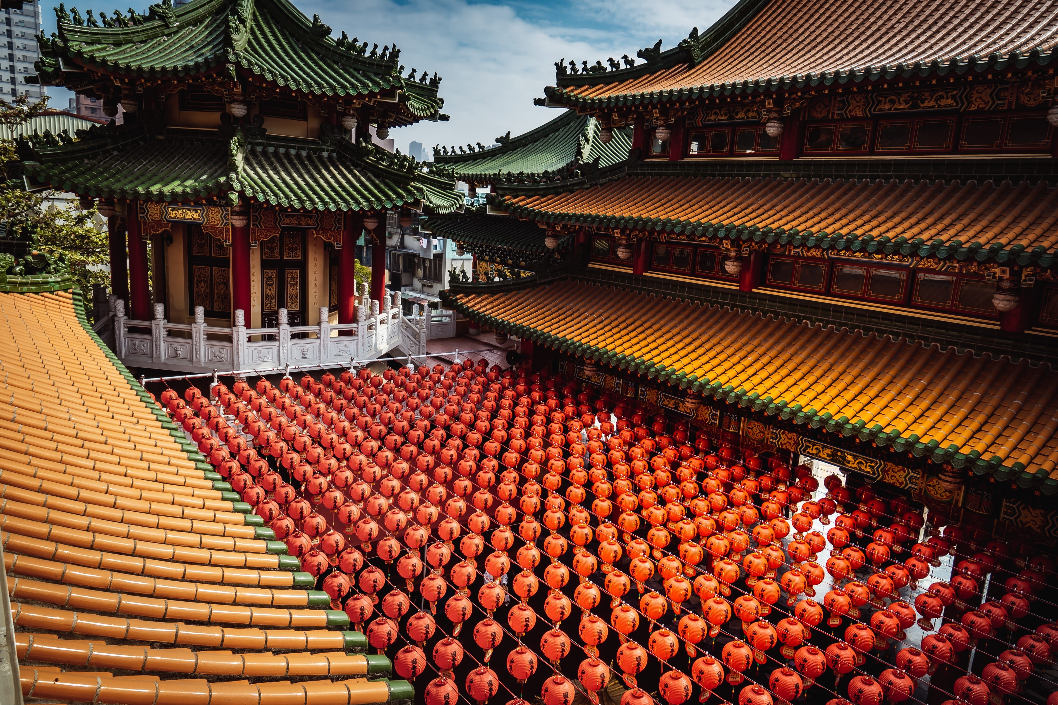 building, outdoors, red, lantern, architectural, roof tile, belief, buddhism, built structure, multi colored, day, no people, kaohsiung, art, temple, heritage, HD Wallpaper