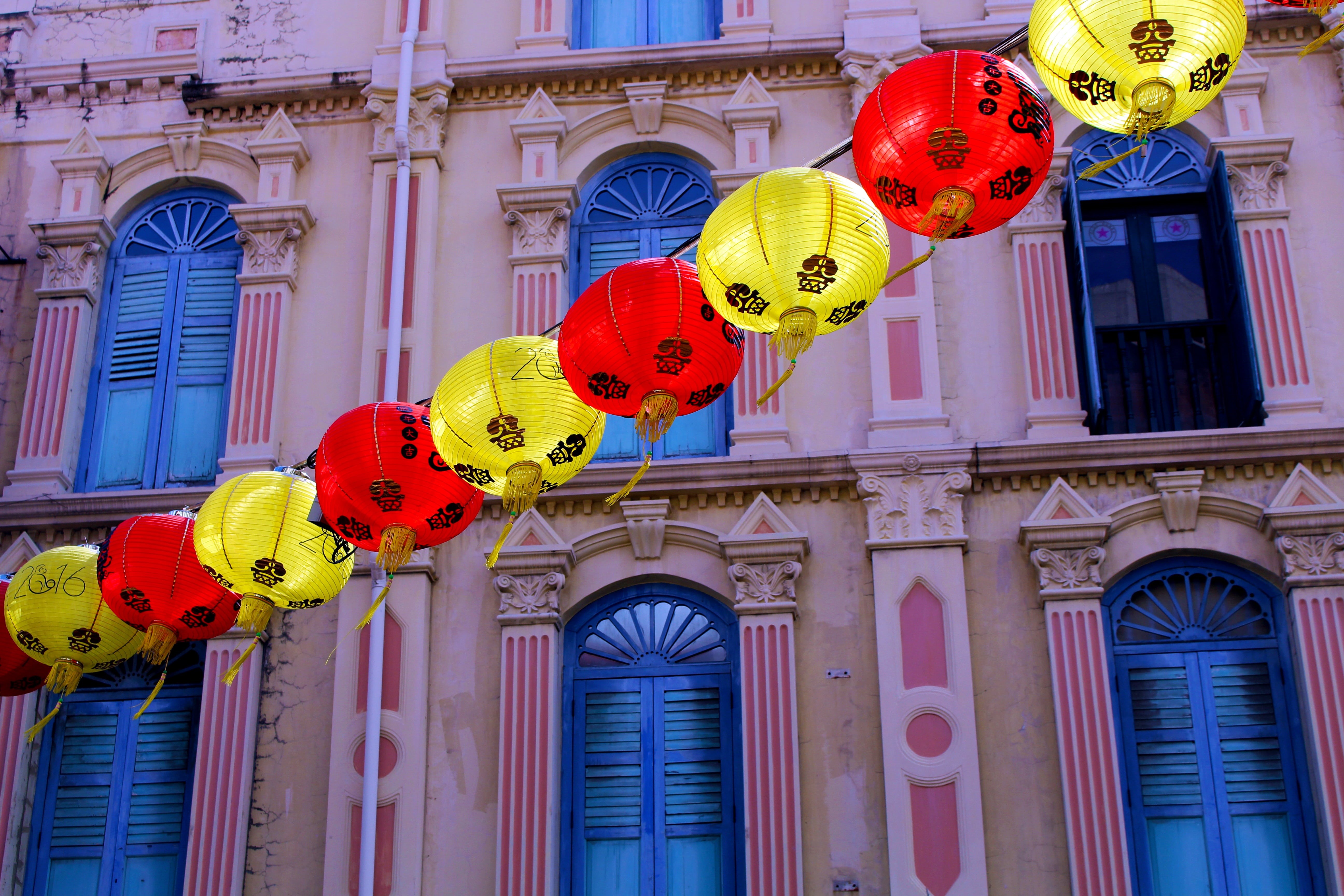 holiday, multi colored, lantern, balloon, facade paint, singapore, decoration, red, asia, home, lighting equipment, building, coloured, day, celebration, HD Wallpaper