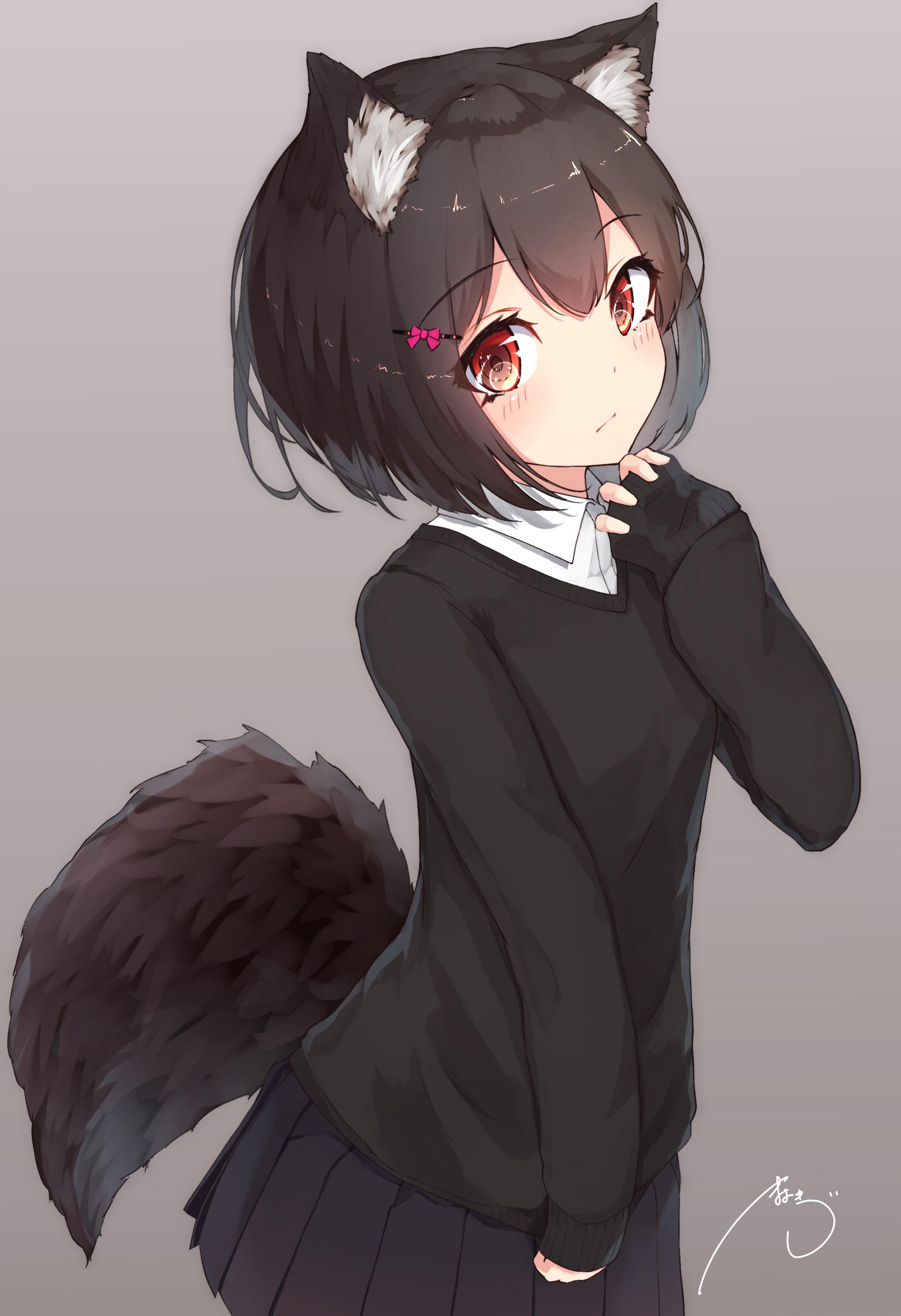 simple background, red eyes, animal ears, 2K, anime girls, tail, anime, dark hair, Phone HD Wallpaper