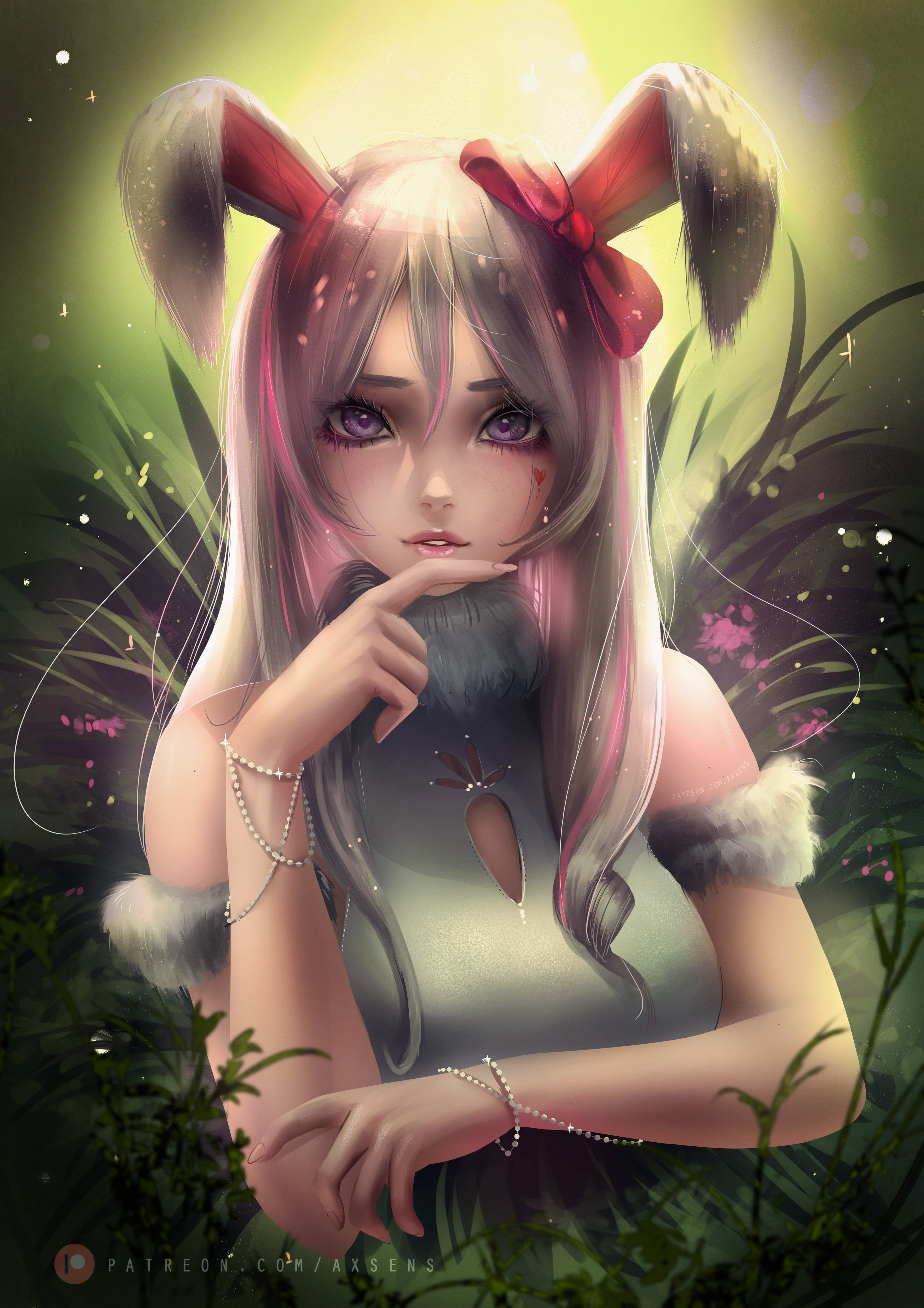 red ribbon, nature, bunny ears, plan, green, plants, grey hair, 4K, sweater, silver hair, axsens, wristwear, animal ears, purple eyes, Phone HD Wallpaper
