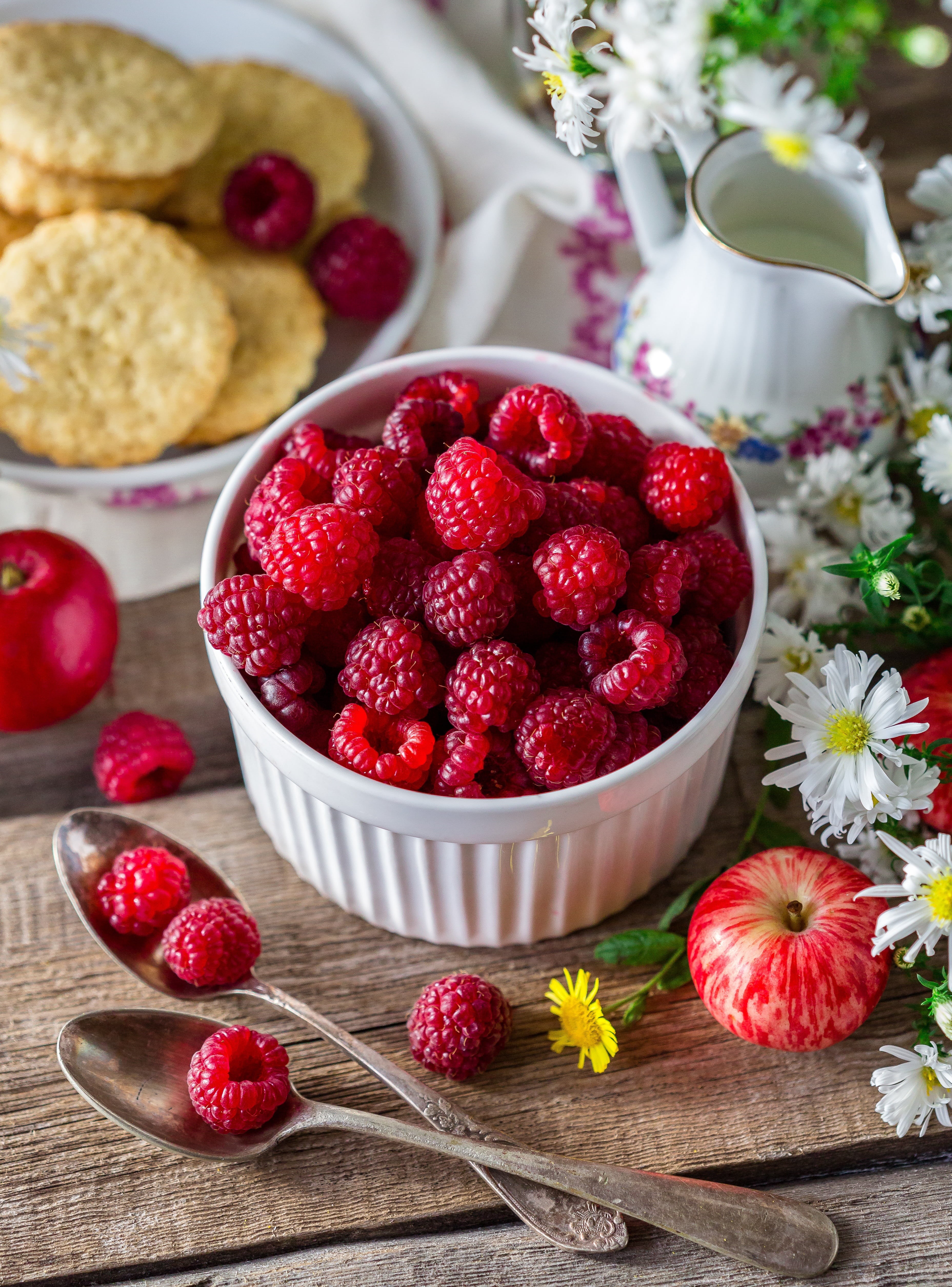 flowering plant, raspberry, berries of a raspberry, dacha, garden, close-up, sweet food, wellbeing, high angle view, white, freshness, plate, focus on foreground, Phone HD Wallpaper