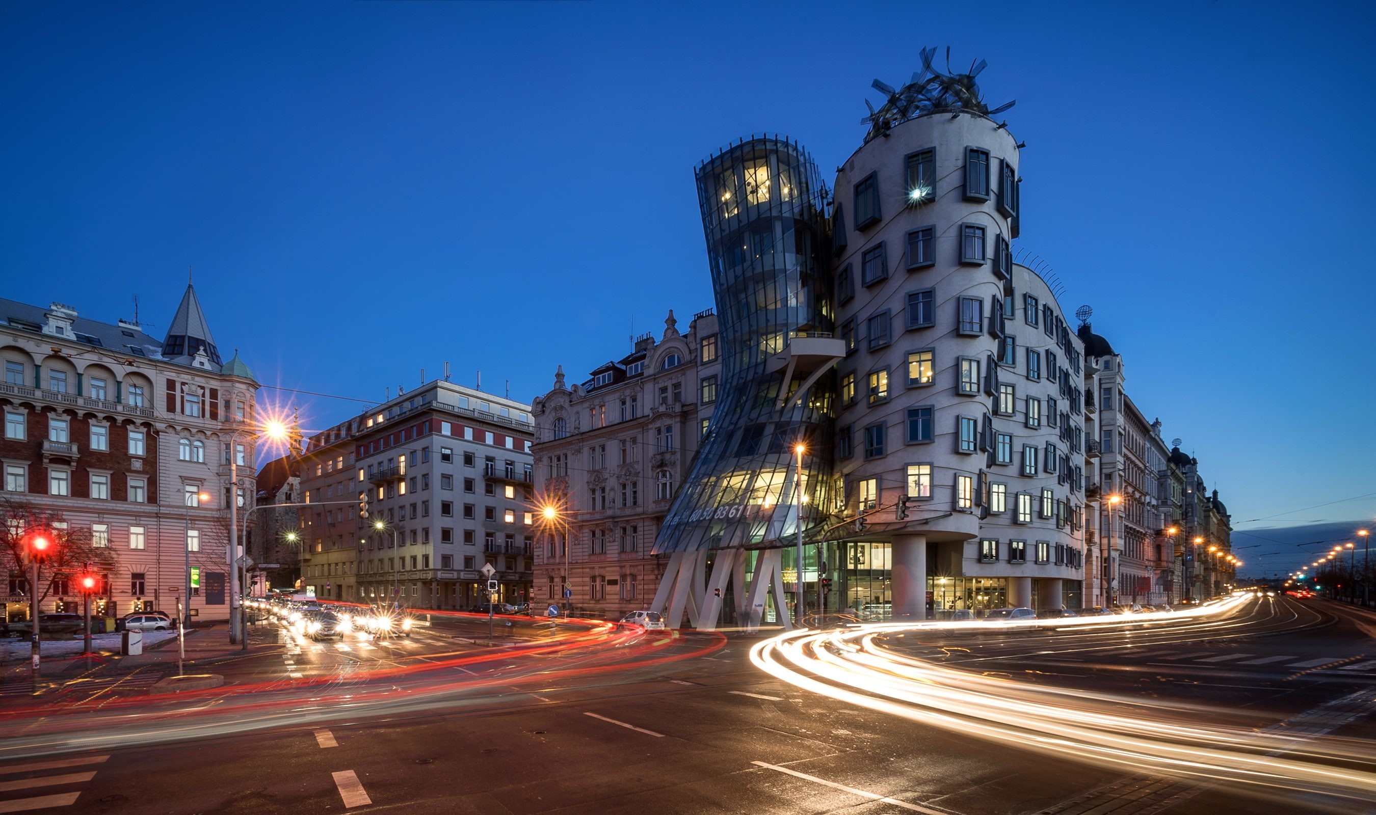 house, building, 2K, dancing house, lights, Czech Republic, evening, Prague, street, road, HD Wallpaper