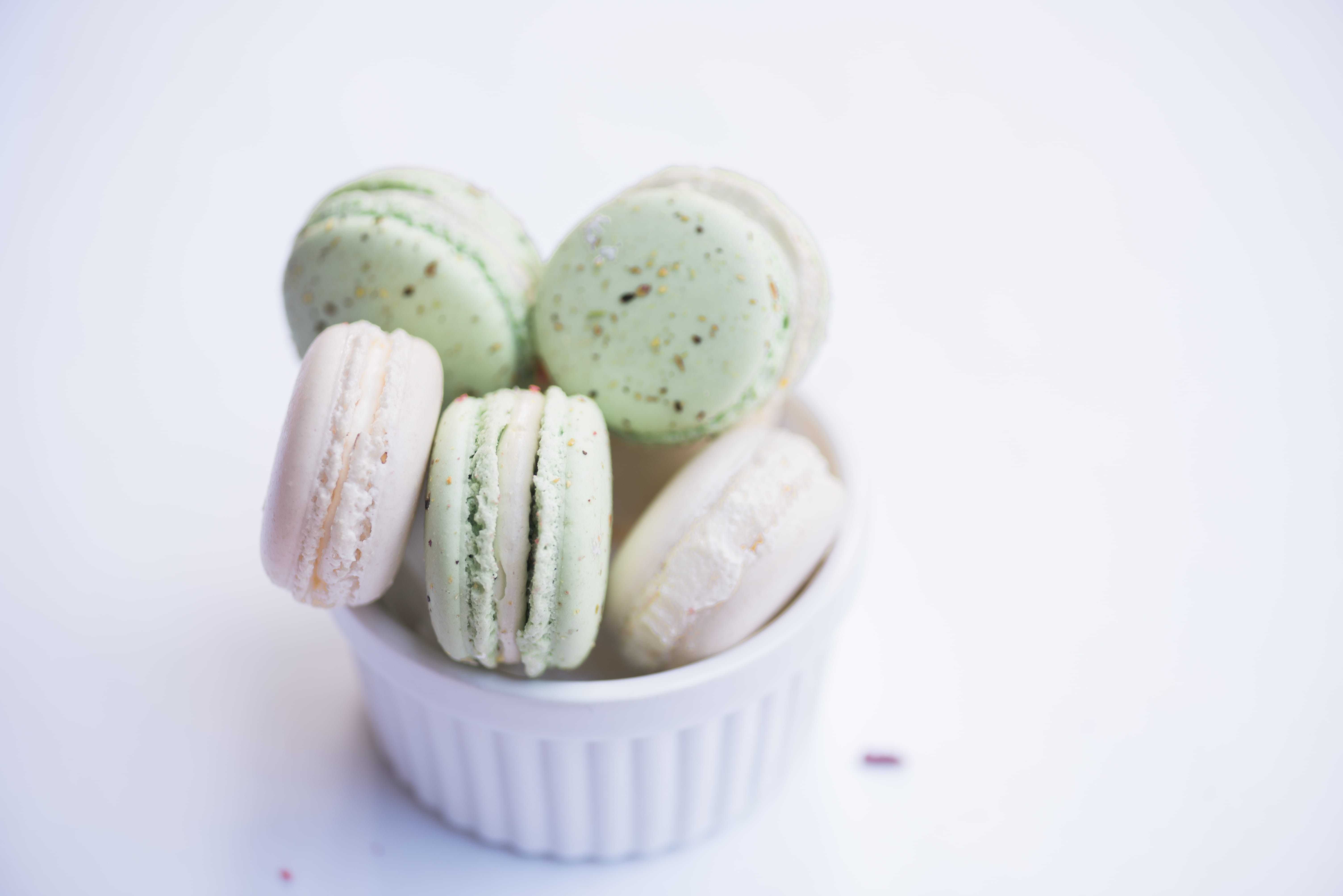 food, indoors, surface, ready-to-eat, bowl, white, food and drink, studio shot, candy, sweet Food, sweet, indulgence, macarons, 5K, freshness, still life, HD Wallpaper