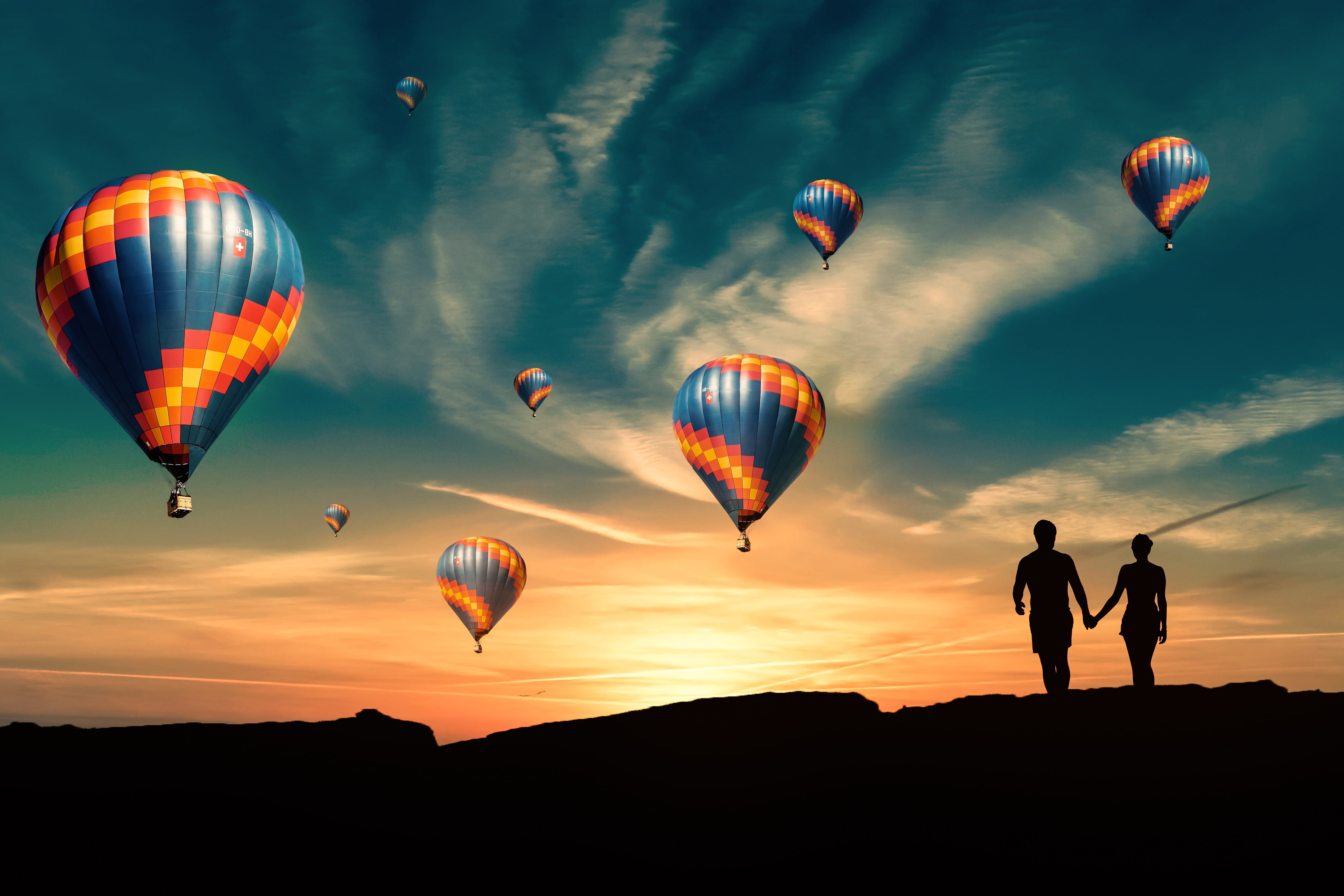 yellow, fly, clouds, mood, transportation, hill, outdoors, sunrise, cloud - sky, mode of transportation, hot air balloon ride, beauty in nature, leisure activity, HD Wallpaper