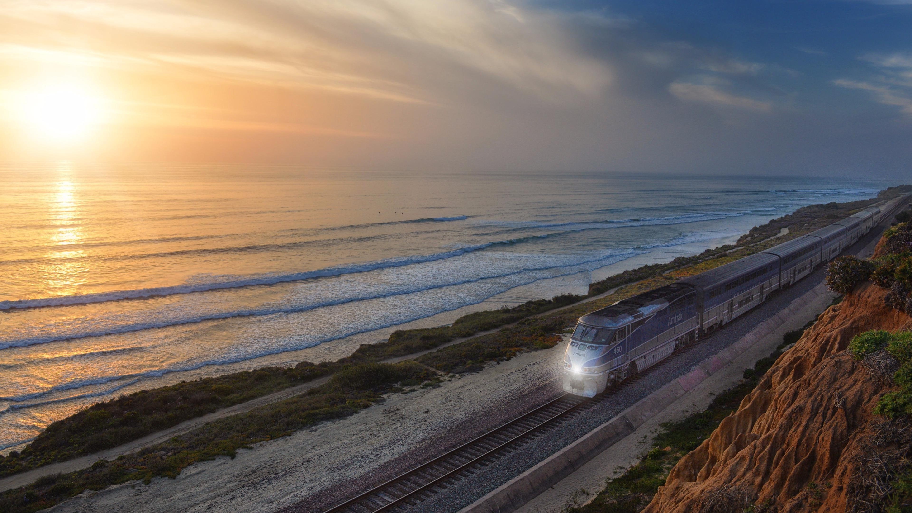 sunrise, del mar, coaster, dusk, cloud, beach, coaster train, morning, transport, coast, united states, track, train, horizon, coastline, sky, 4K, california, HD Wallpaper