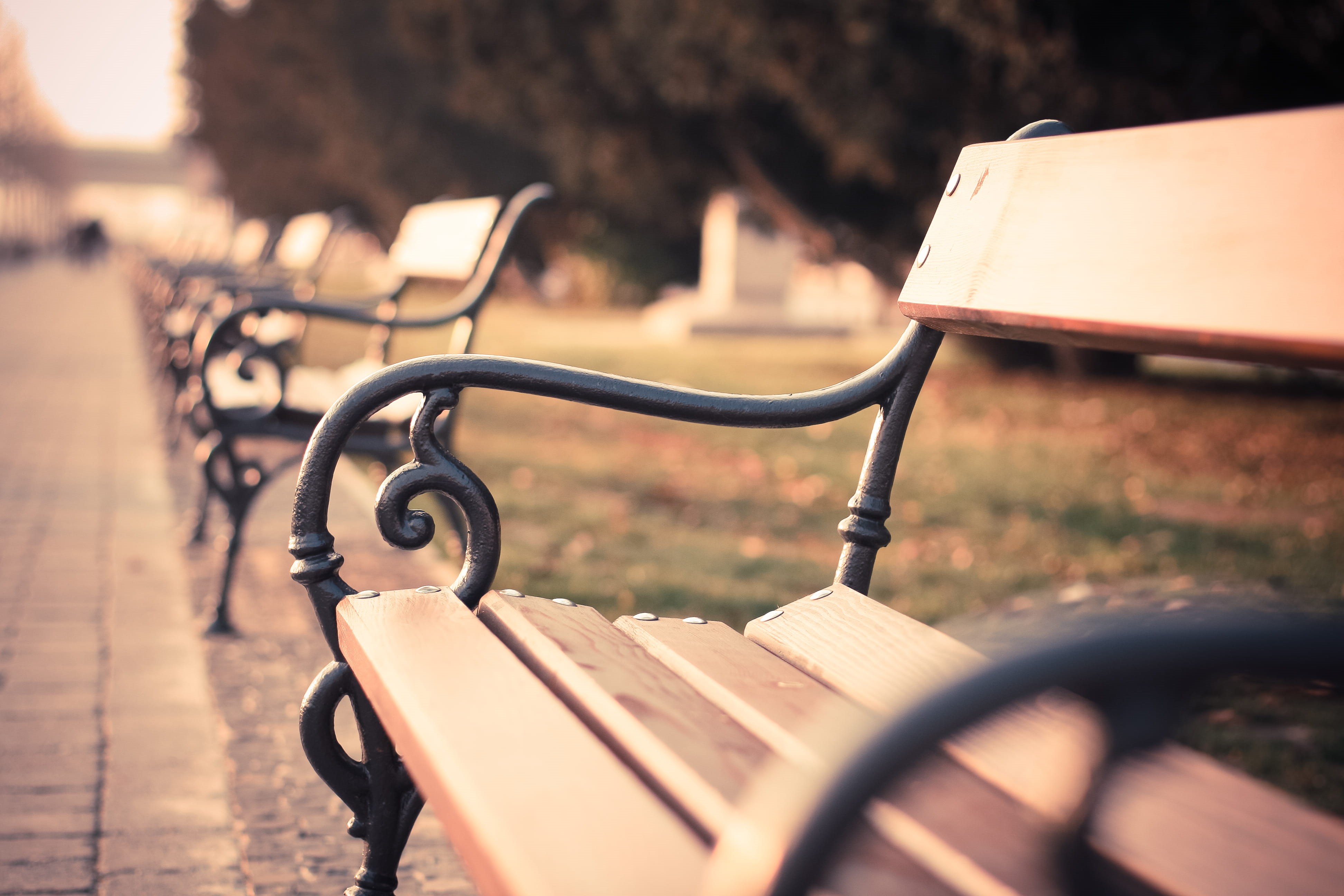 sunlight, selective focus, close-up, sunny, table, focus on foreground, 4K, wood - Material, park, seat, old, metal, Vintage, playground, no People, outdoors, HD Wallpaper