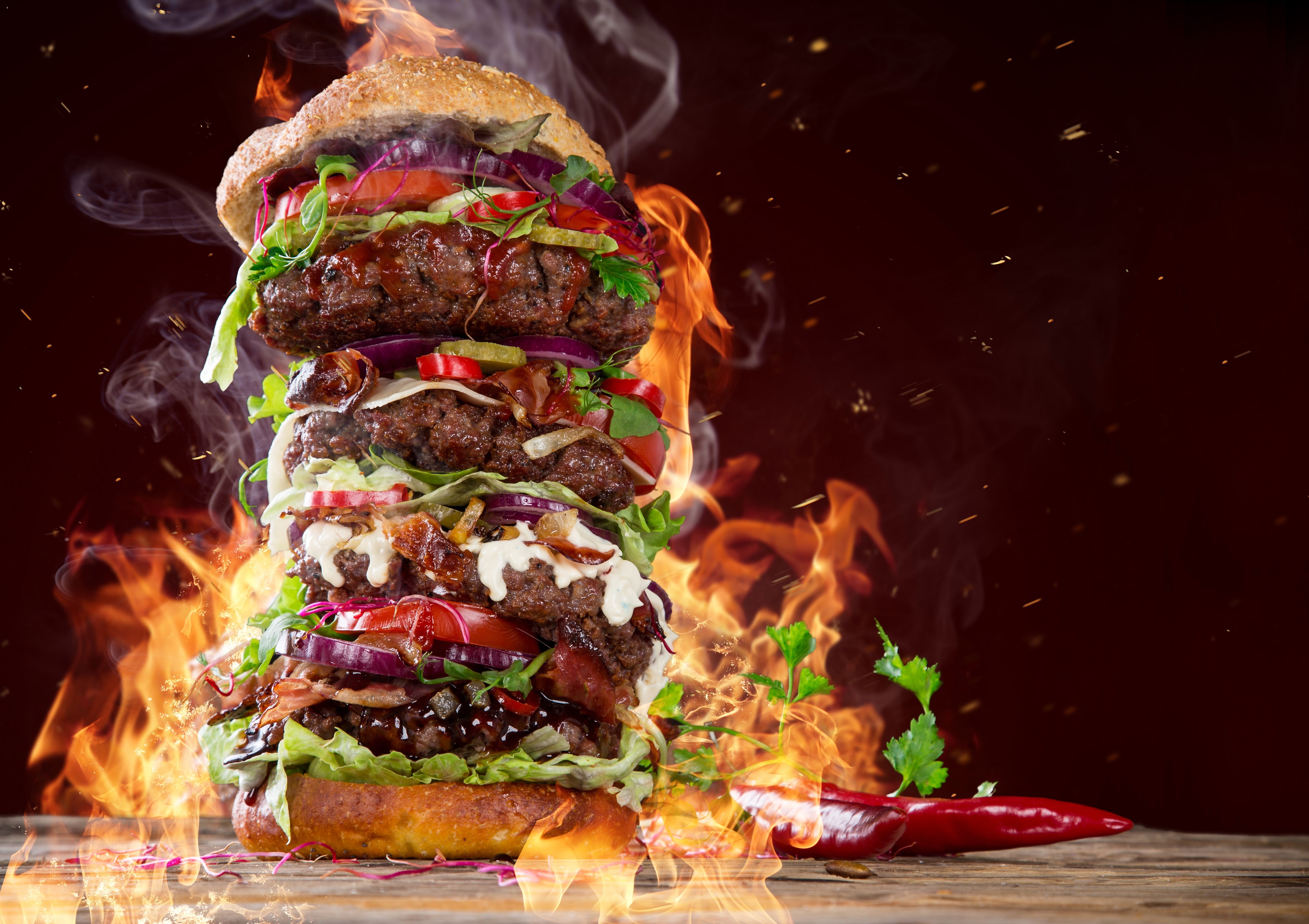 no people, freshness, vegetable, indoors, fire - natural phenomenon, ready-to-eat, sandwich, still life, smoke, flame, food and drink, 5K, fast food, unhealthy eating, HD Wallpaper