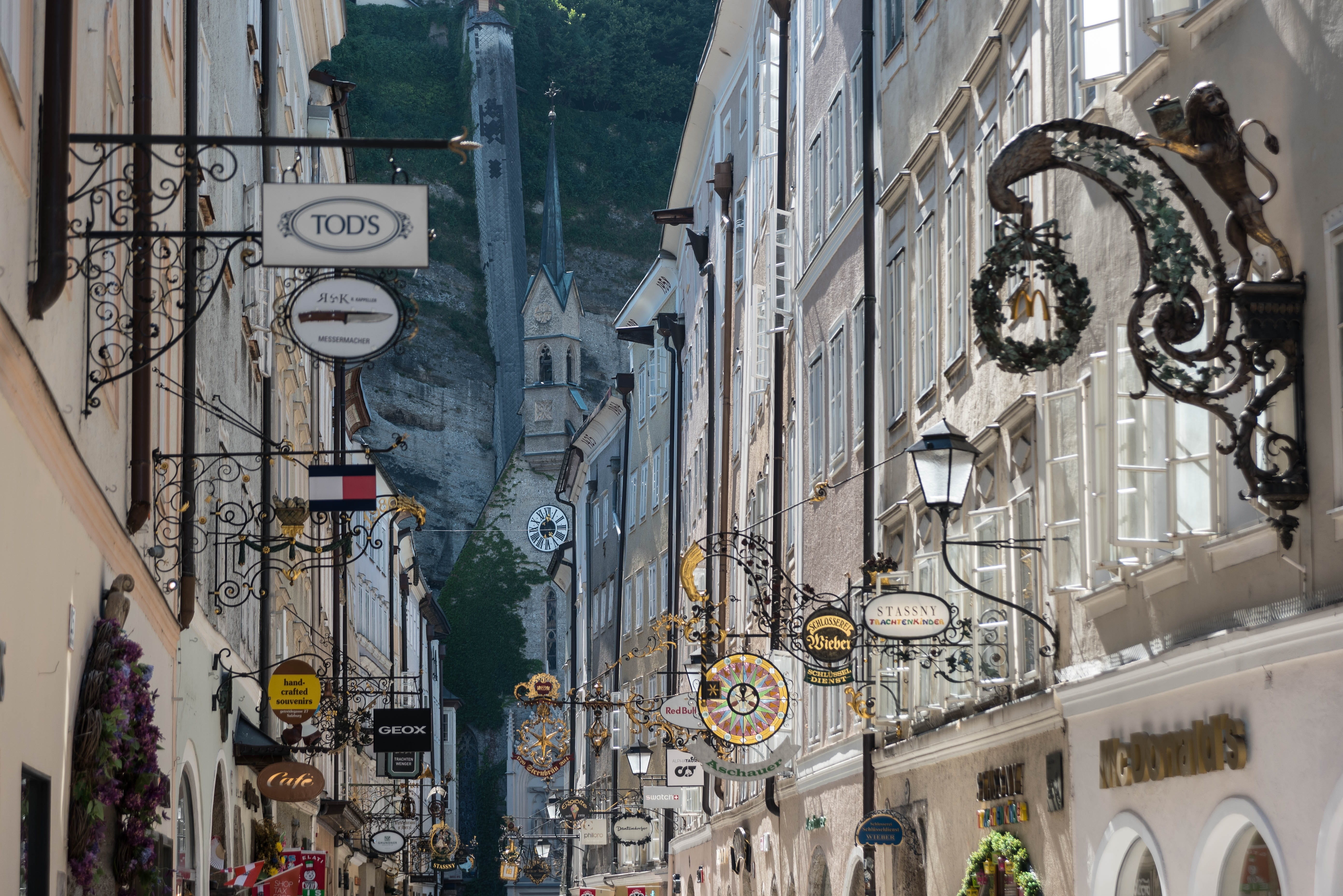 Getreidegasse, low angle view, building exterior, Road, Salzburg, city, shopping street, street light, white, clock, high, buildings, austria, no people, HD Wallpaper