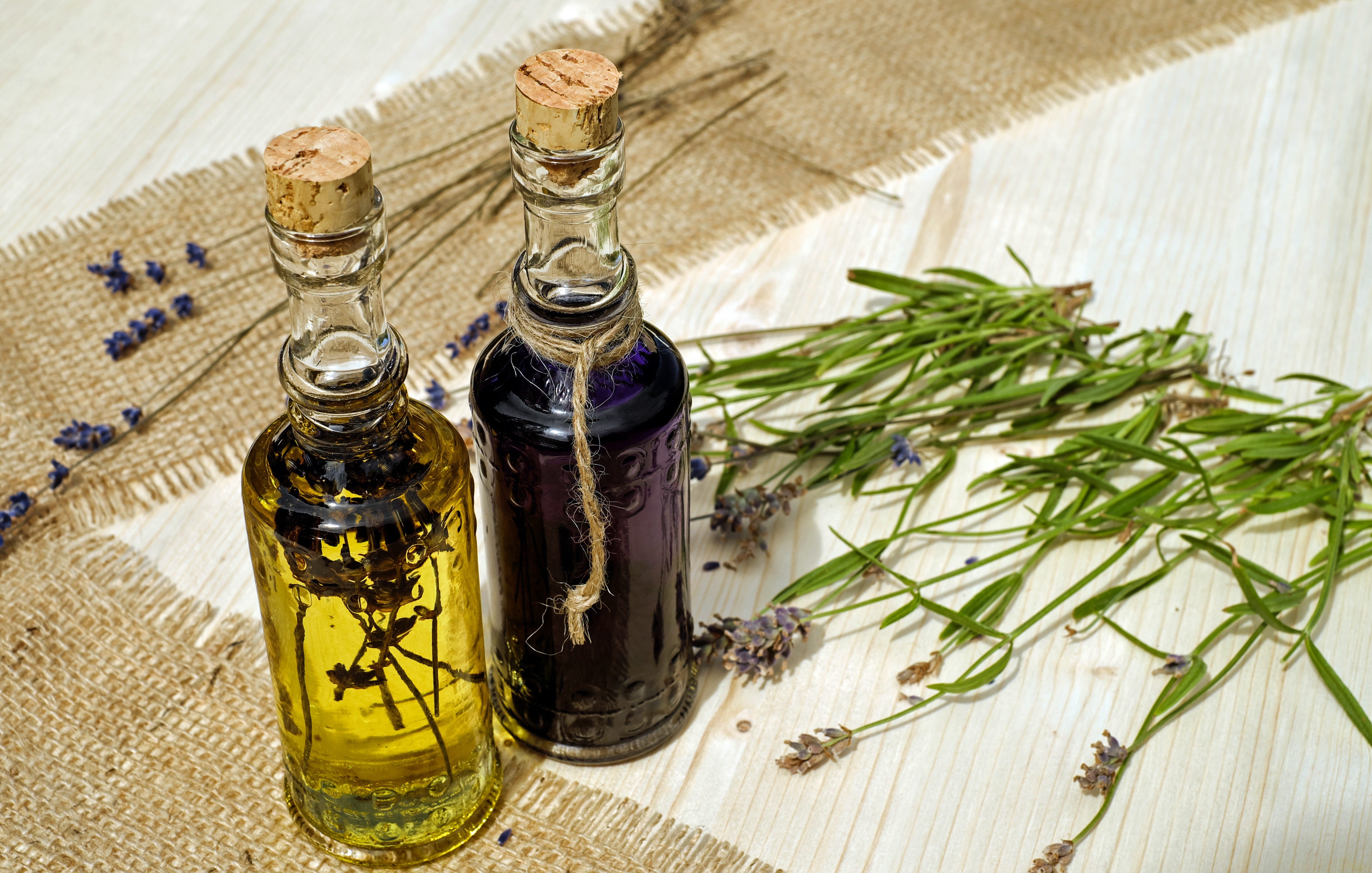 calming, glass bottles, high angle view, herb, natural product, naturopathy, wooden table, bless you, clear, wellness, bottle, nature, fragrant, lavender, HD Wallpaper