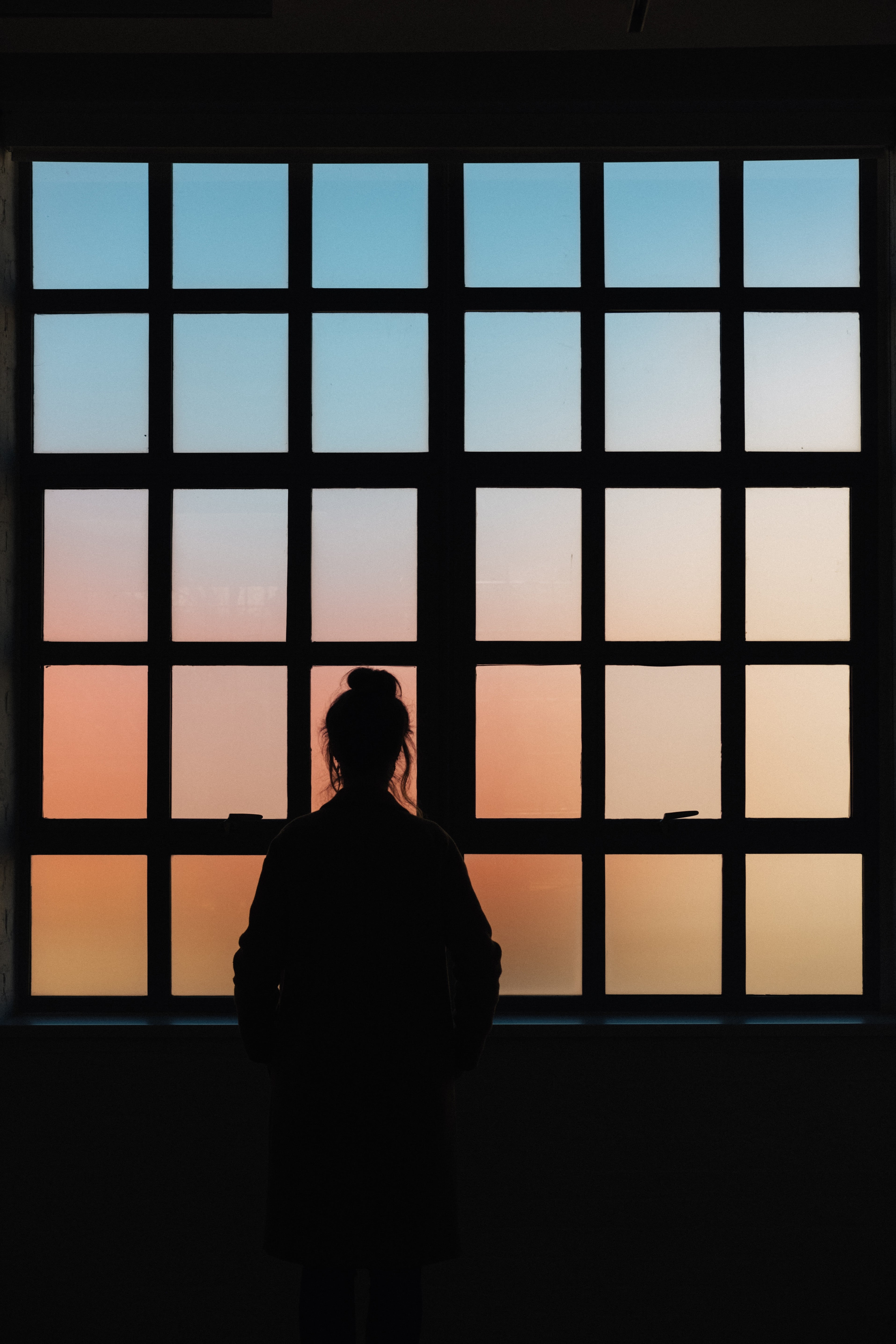 one person, looking at view, men, woman, 5K, standing, sunset, lattice, sky, girl, looking through window, adult, contemplation, indoors, three quarter length, Phone HD Wallpaper