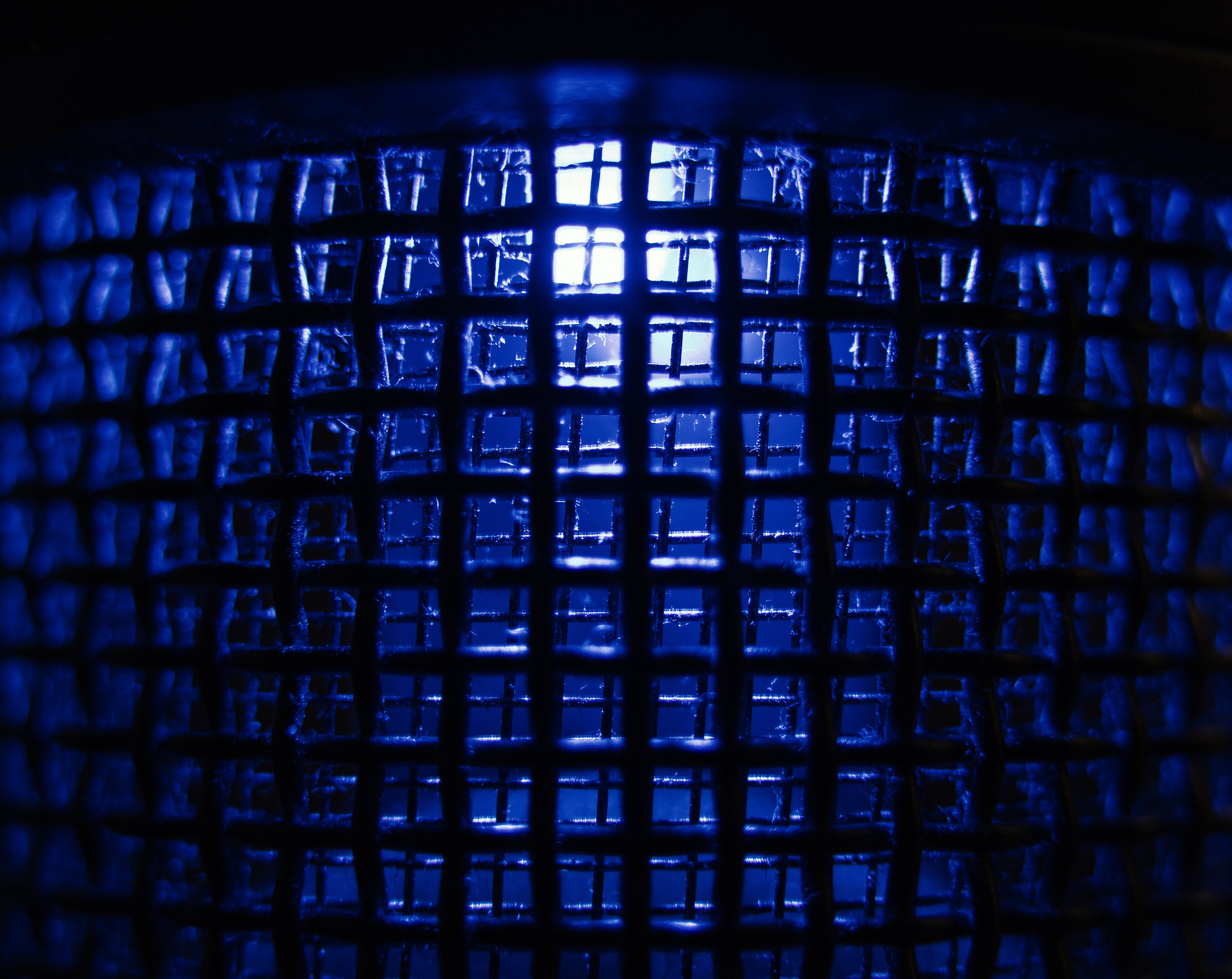 full frame, technology, repetition, indoors, blue, shape, lattice, grid, backgrounds, close-up, low angle view, illuminated, architecture, ceiling, dark, HD Wallpaper