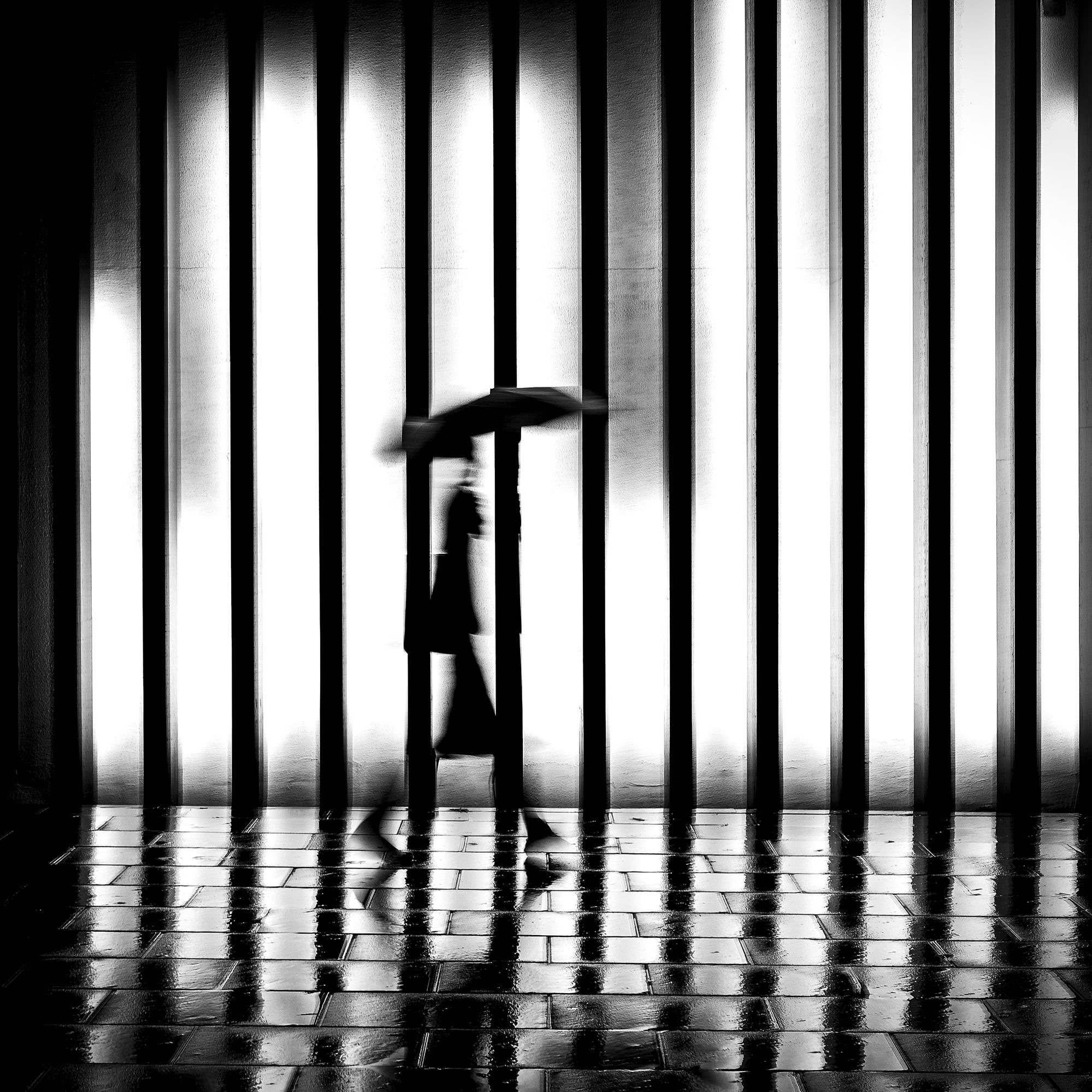 walking, lifestyles, rain, pattern, flooring, silhouette, one person, side view, standing, real people, bw, 1080P, indoors, adult, movement, full length, Phone HD Wallpaper