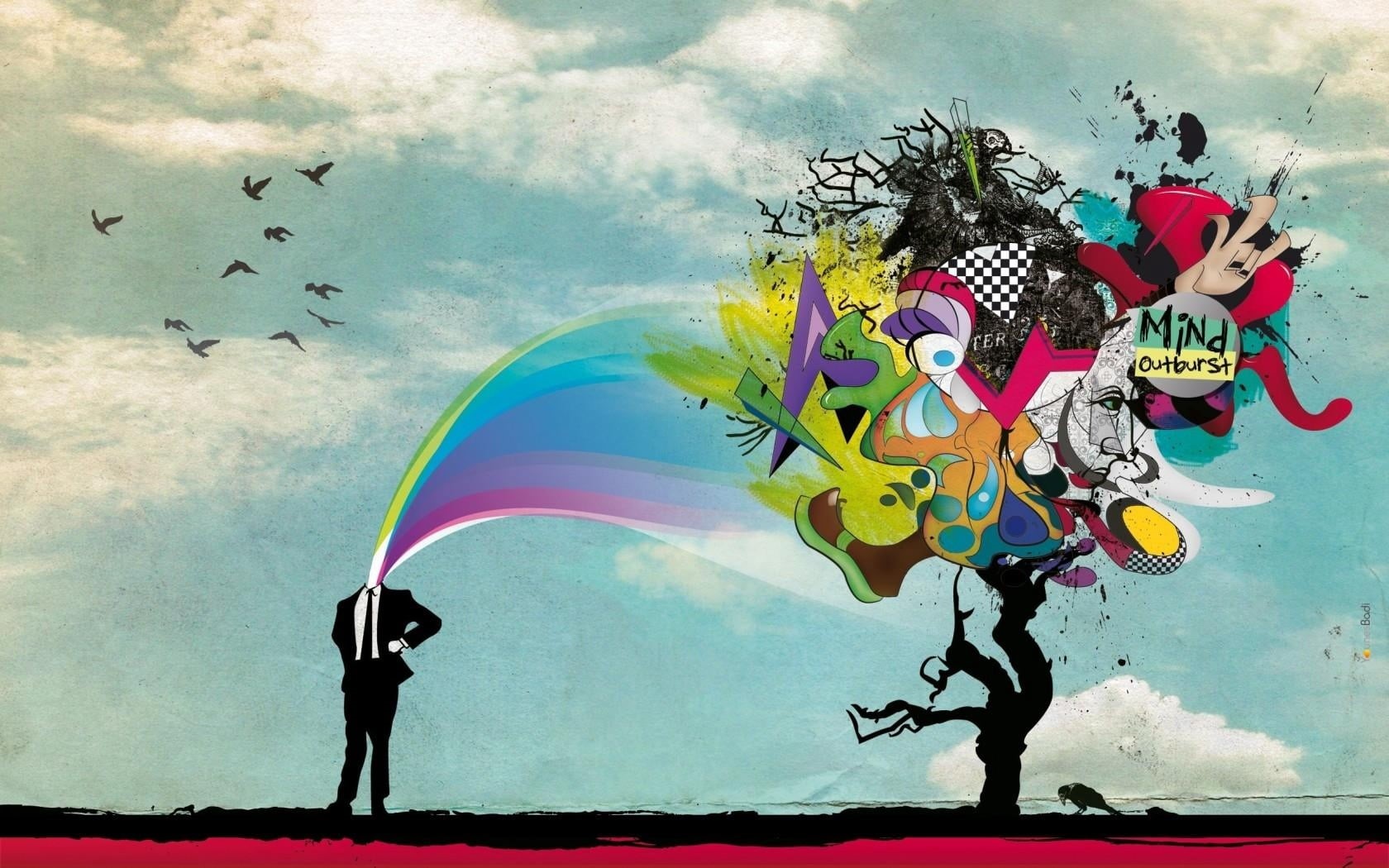 leisure activity, water, crazy, people, backgrounds, sky, multi colored, kite - toy, 720P, outdoors, painting, brain, man, surreal, flying, art and craft, HD Wallpaper