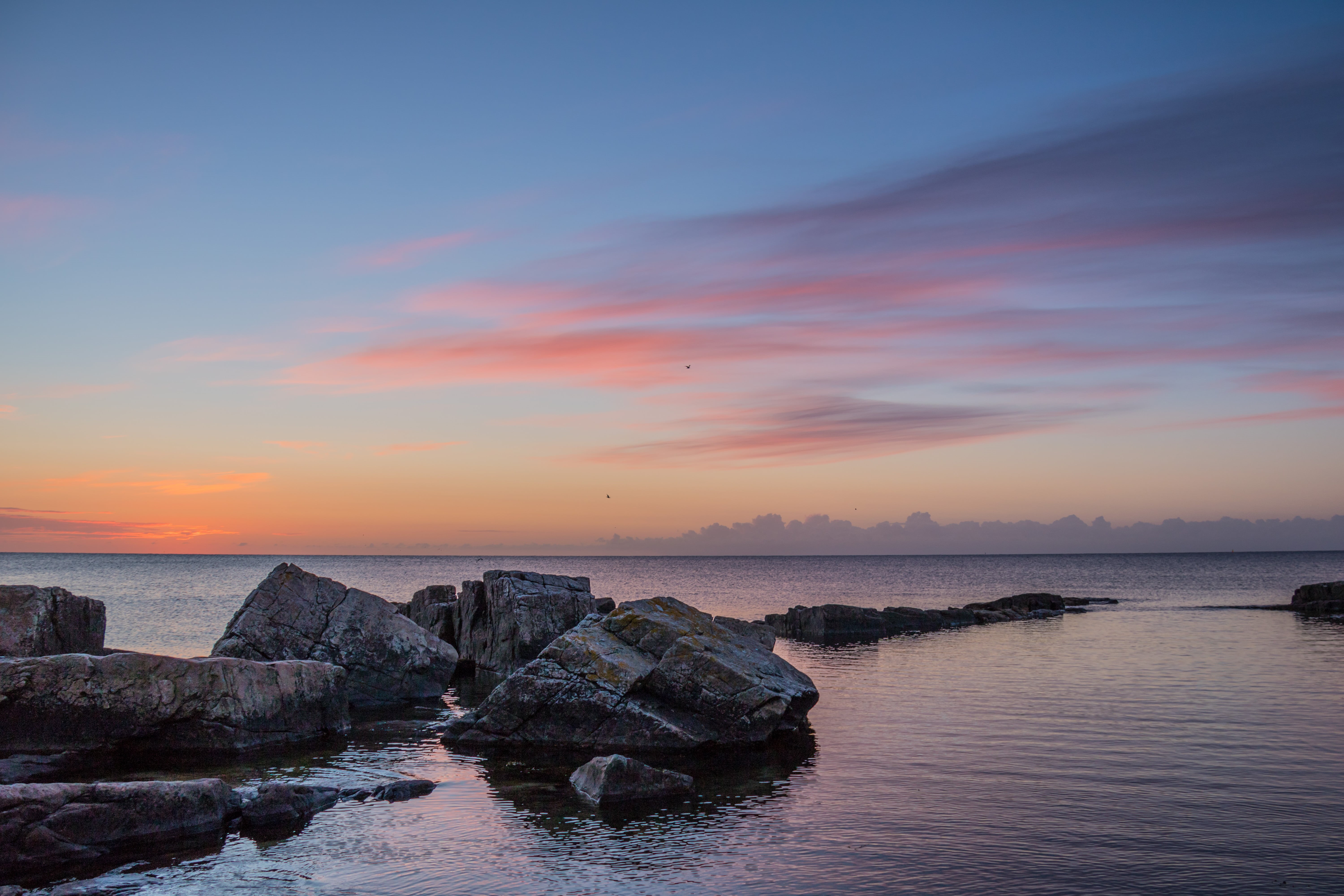 dawn, landscape, gray rocks, f/3.5, Simrishamn, daytime, lens, focal_length, city, rock - Object, iso_speed, sky, seashore, canon, scenics, s18, aperture, HD Wallpaper