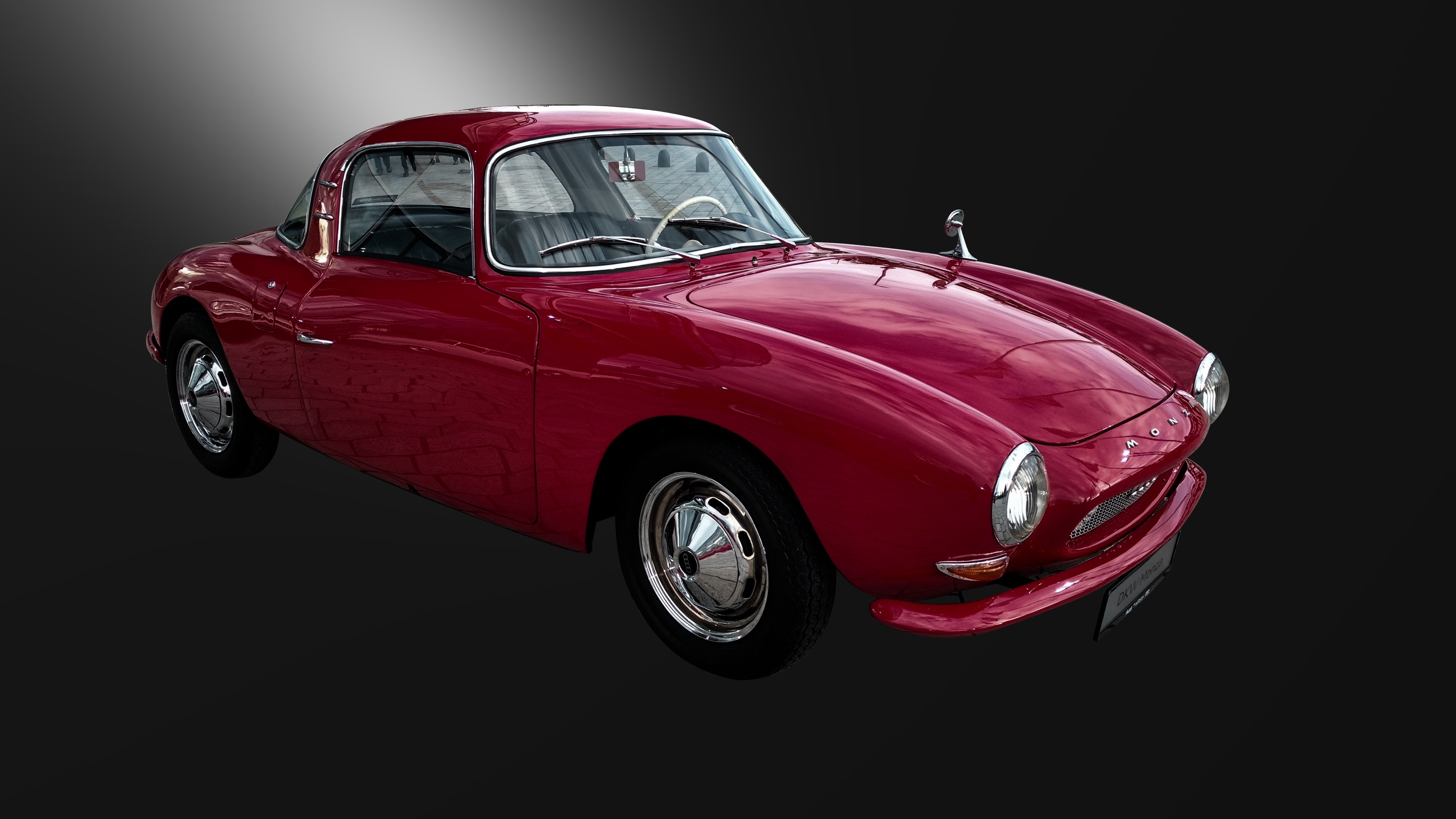studio shot, retro styled, shiny, transportation, sports car, historically, old car, driving, profile view, black background, dkw, customized, pkw, car, HD Wallpaper