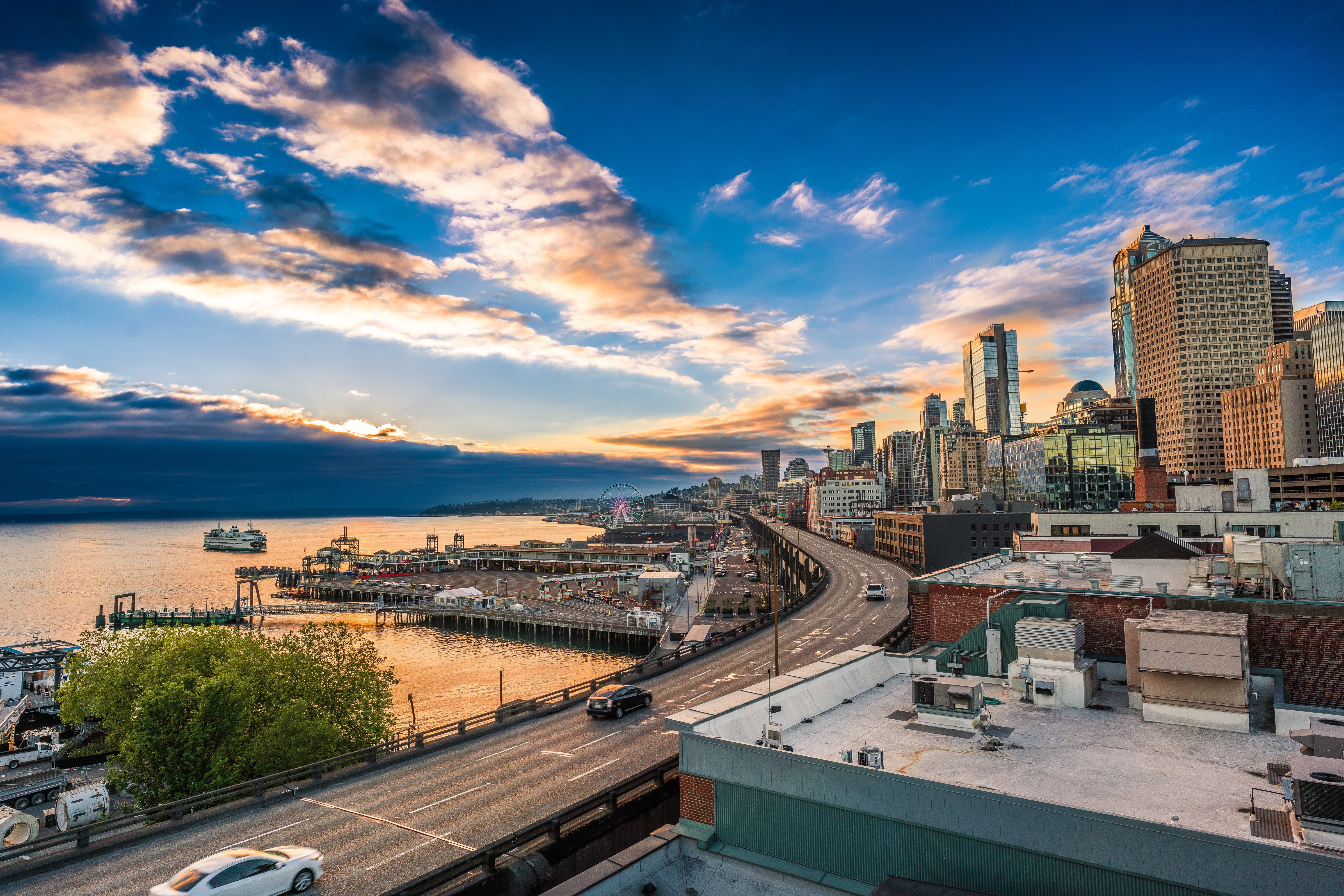 transportation, travel, architecture, downtown, Sky, building, night, pacific, cityscape, river, uSA, urban Scene, cloud - sky, near, landscape, outdoor, HD Wallpaper
