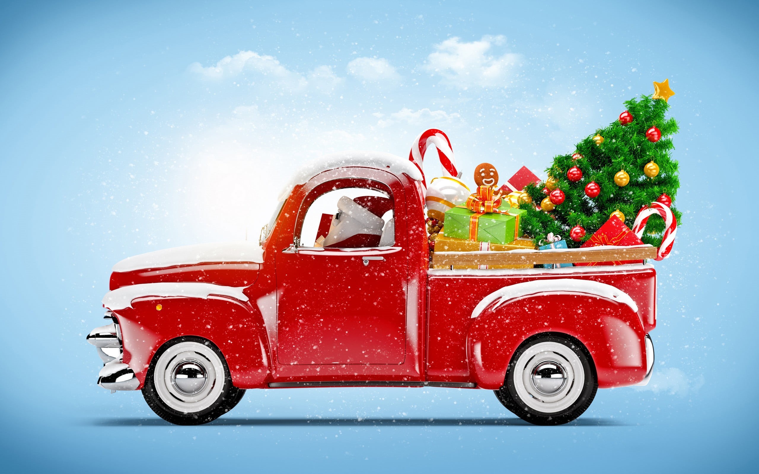 gift, studio shot, blue, motor vehicle, celebration, boxes, colored background, fun, nature, tree, illustration, red, toy, christmas, transportation, holiday, HD Wallpaper