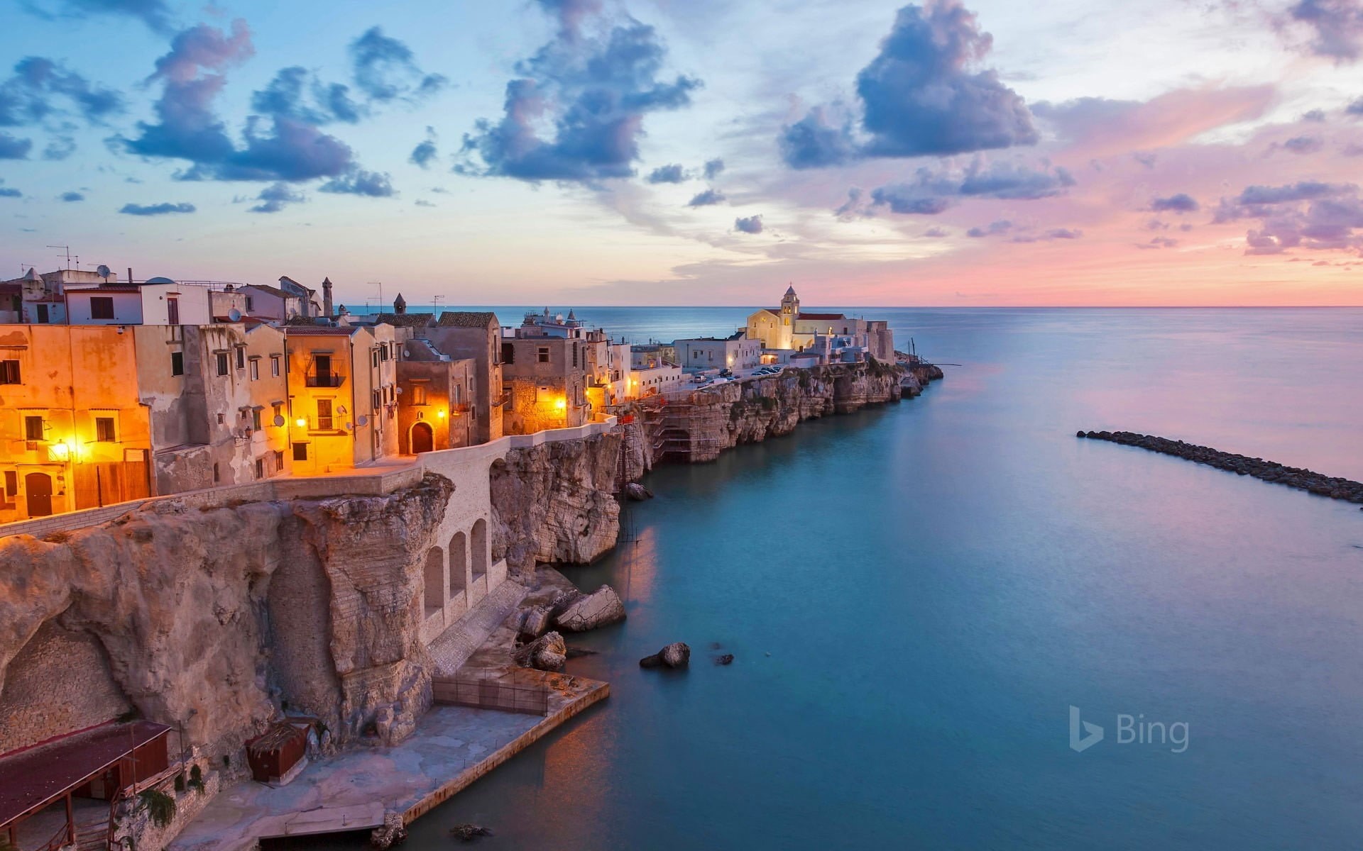 illuminated, travel destinations, built structure, sea, vieste, wallpa, nautical vessel, mode of transportation, travel, transportation, building exterior, HD Wallpaper