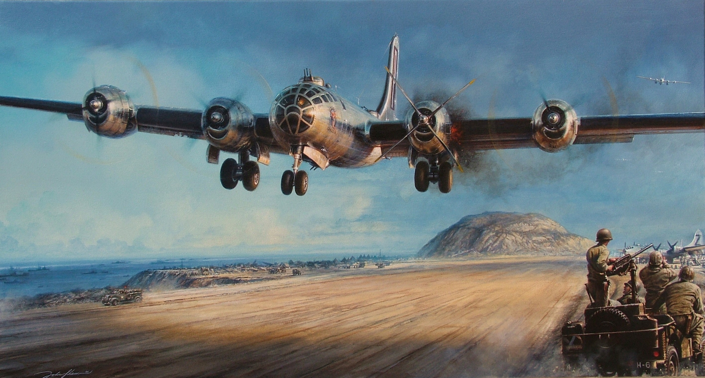 figure, the plane, 2K, the airfield, B-29, flame, smoke, landing, art, andquot;Superfortress, American, war, andquot;Boeingandquot;, bomber, damage, HD Wallpaper