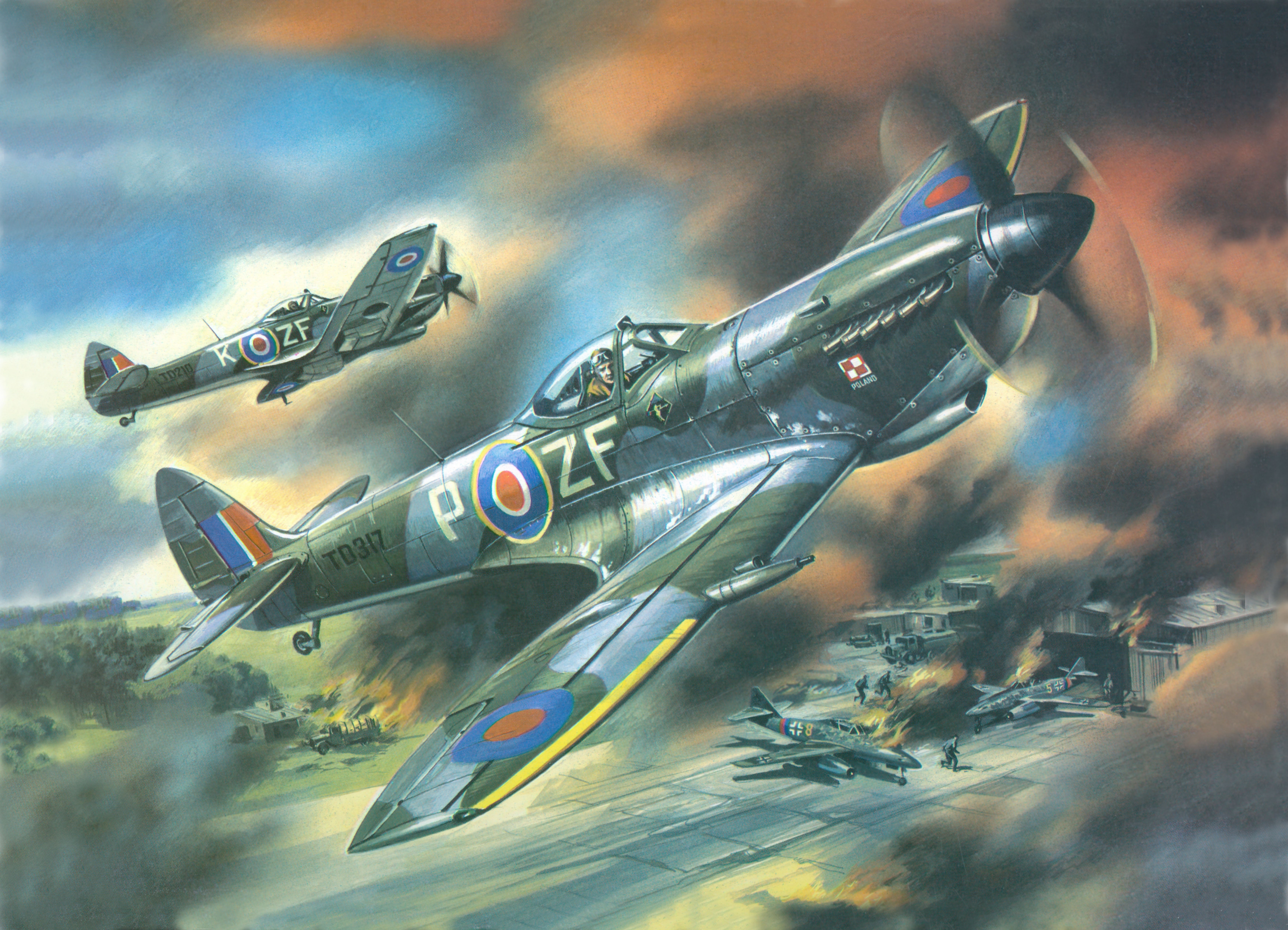 English, art, fire, Spitfire МК16, flame, earth, 5K, the airfield, hangars, fighters, Spitfire Mk.XVI, WW2, German, The me-262, smoke, aircraft, figure, HD Wallpaper