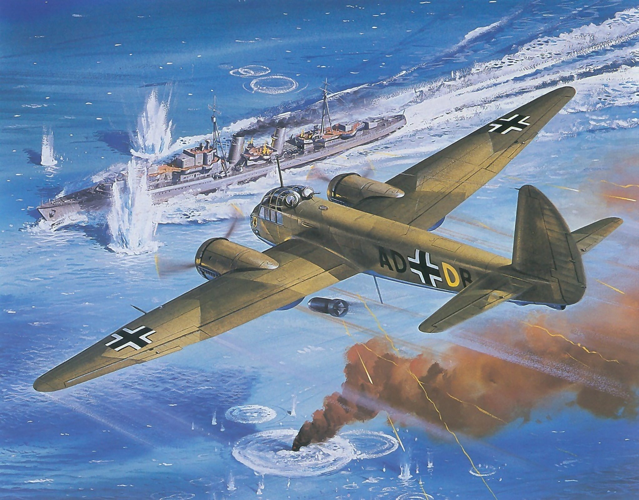 the sky, art, sea, goal, ship, Ju-88, bomber, destroyer, Junkers, sunset, German, explosions, 1080P, war, bursts, smoke, figure, military, the plane, WW, HD Wallpaper
