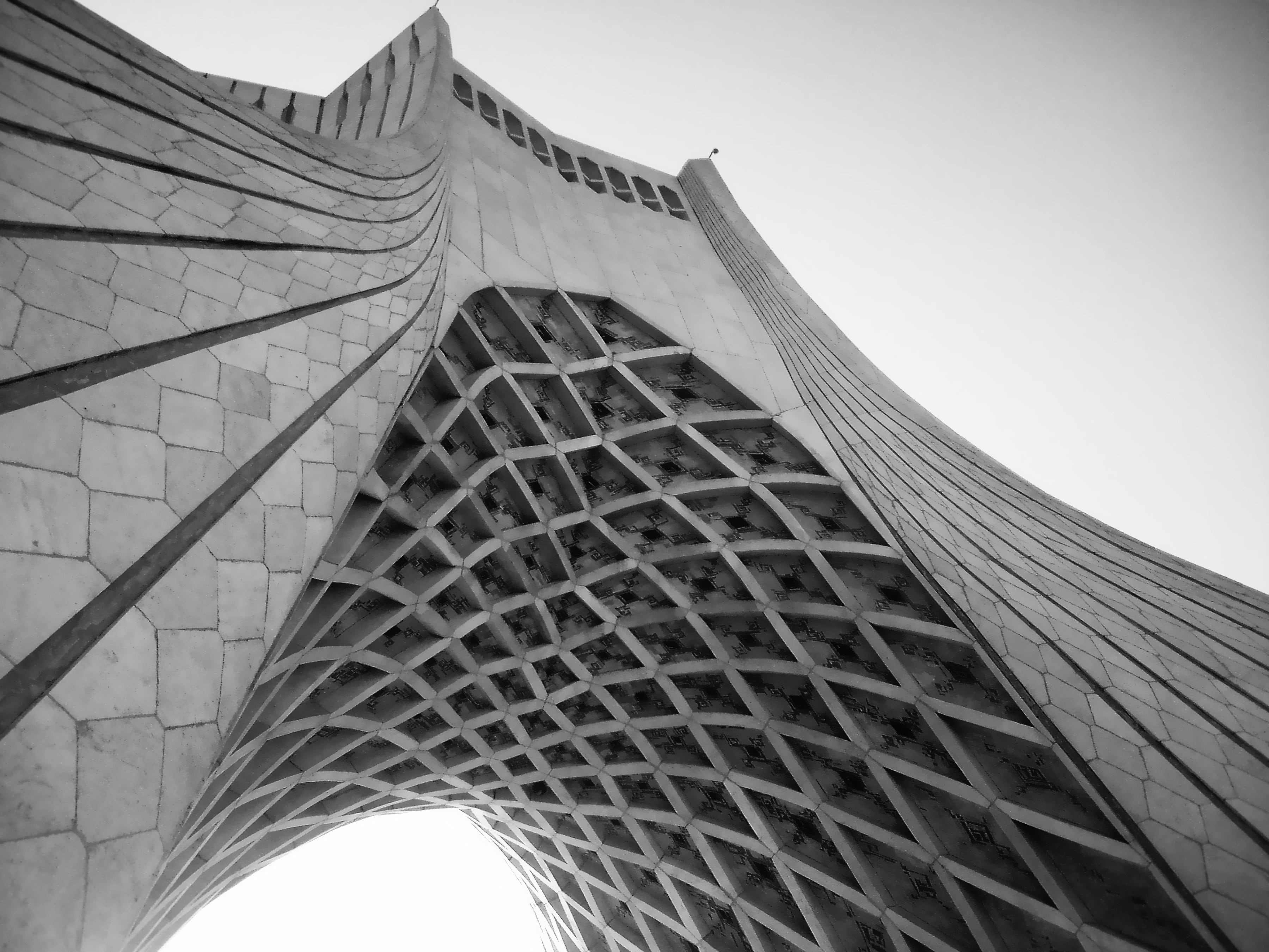 no people, grayscale, pattern, concrete, built structure, Azadi Square, monochrome, 2K, building, nature, low, low angle view, architecture, tower, arch, HD Wallpaper