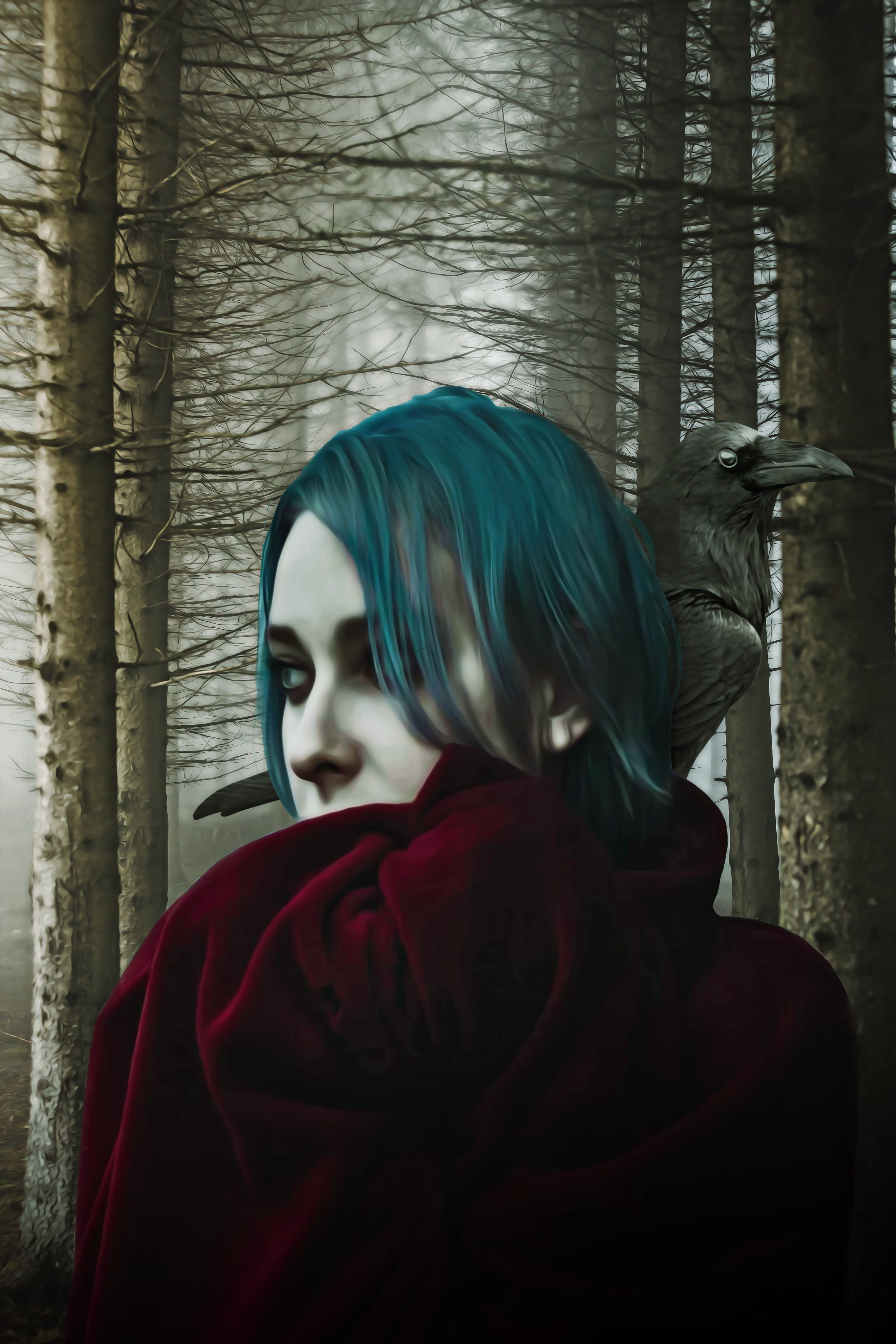 adult, dark fantasy, one person, teal, lifestyles, indoors, 4K, model, raven, hair, clothing, real people, young adult, woman, trees, haired, looking, Phone HD Wallpaper