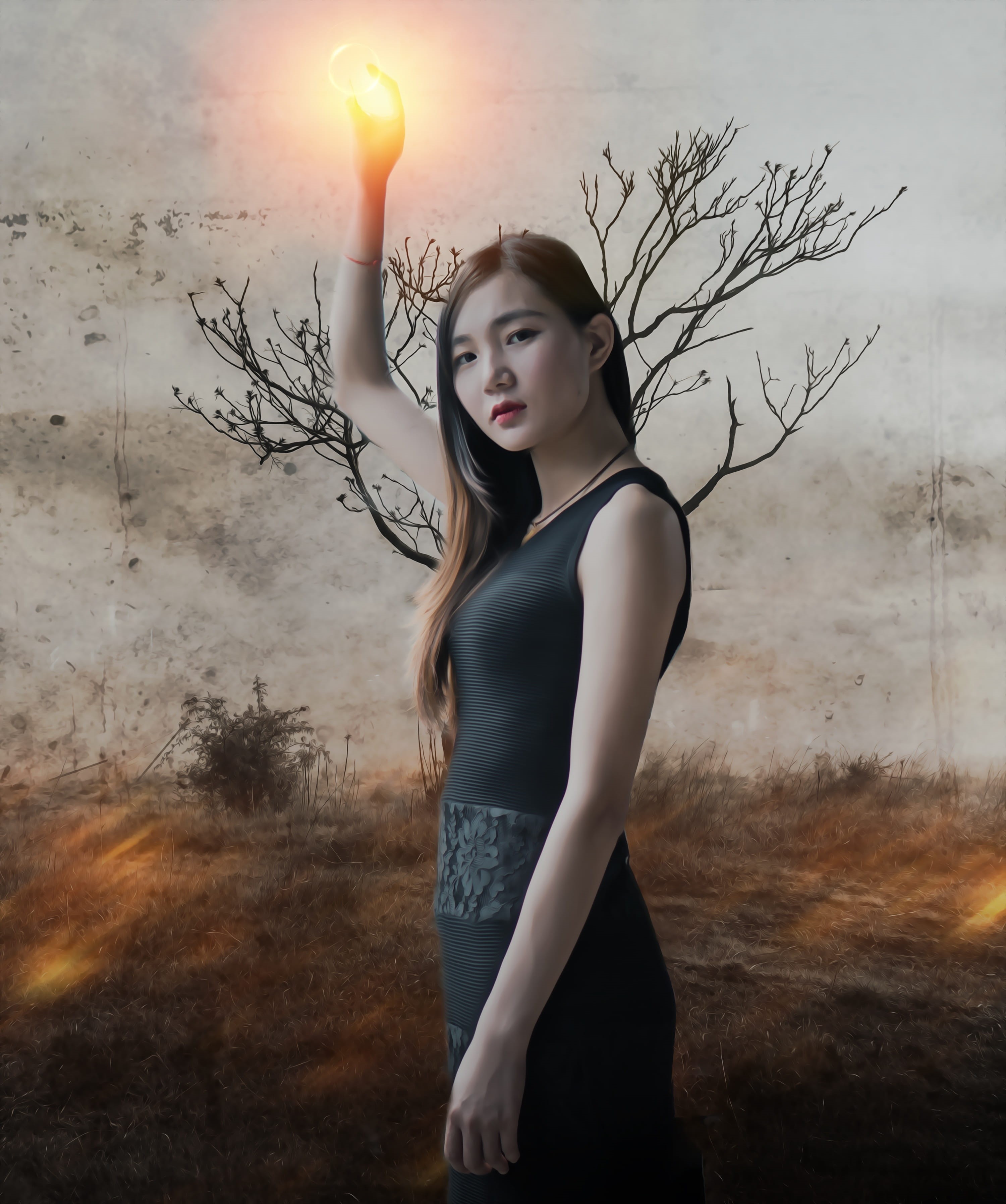 long hair, dark, 2K, atmosphere, sky, standing, girl, fantasy portrait, fantasy, digital composite, hairstyle, outdoors, woman, young adult, front view, Phone HD Wallpaper