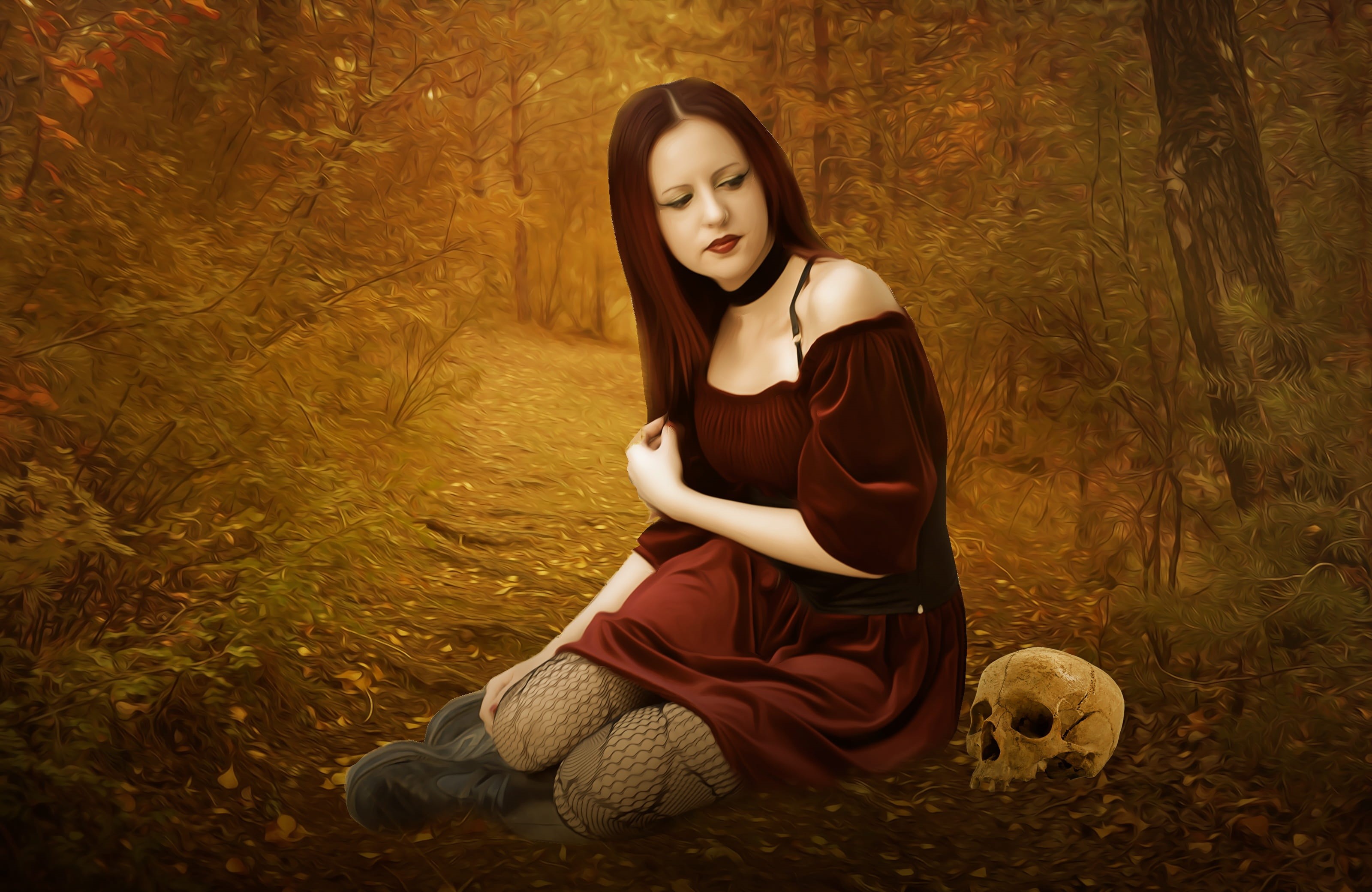 painting, 2K, gothic model, lady, portrait, shirt, real people, hair, beautiful woman, clothing, beauty, gothic, dress, sitting, red hair, hairstyle, leisure activity, HD Wallpaper