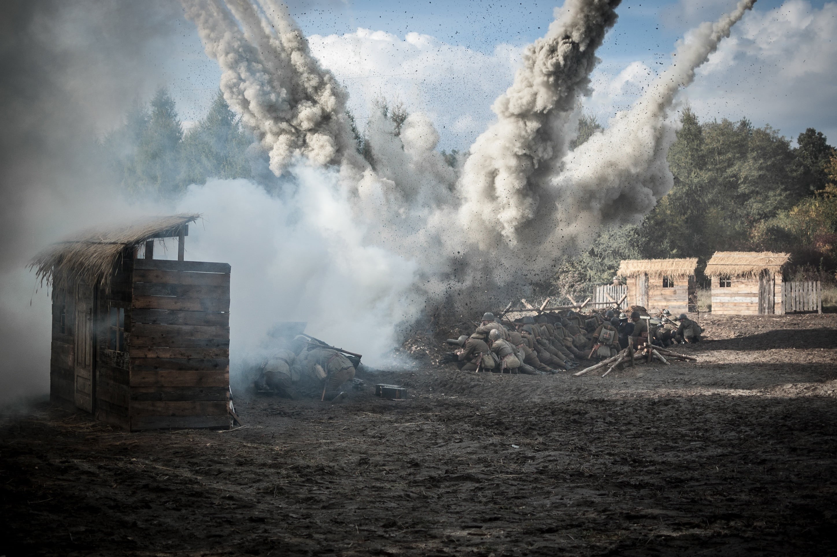 built structure, daytime, smokes, staging, the hero, defense, dust, the eruption, tree, battle of, environment, 2K, nature, destruction, old photographs, HD Wallpaper