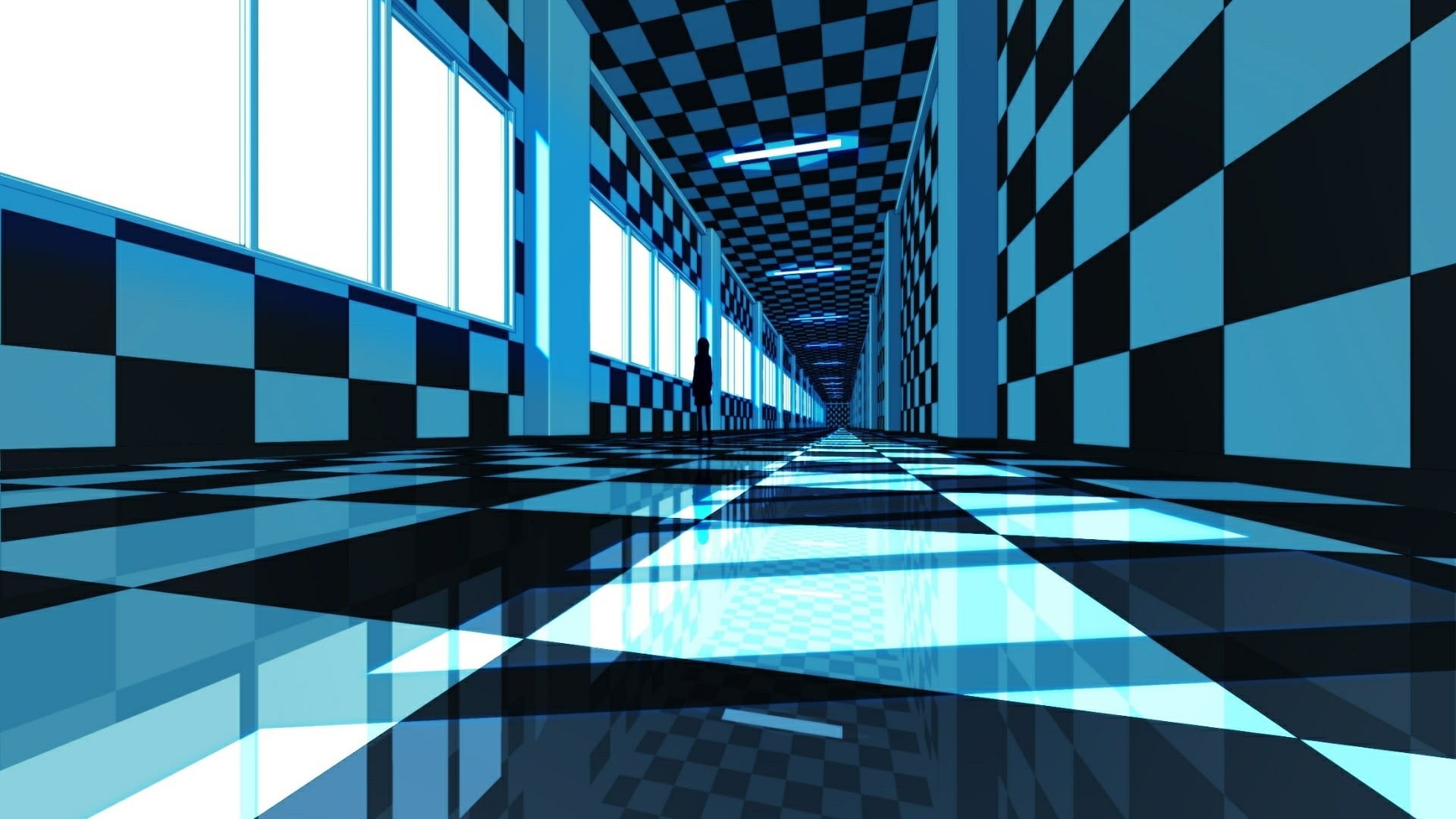 line, modern, grid, digital art, building exterior, square, skyscraper, reflection, blue, graphics, design, anime art, day, corridor, window, built structure, HD Wallpaper