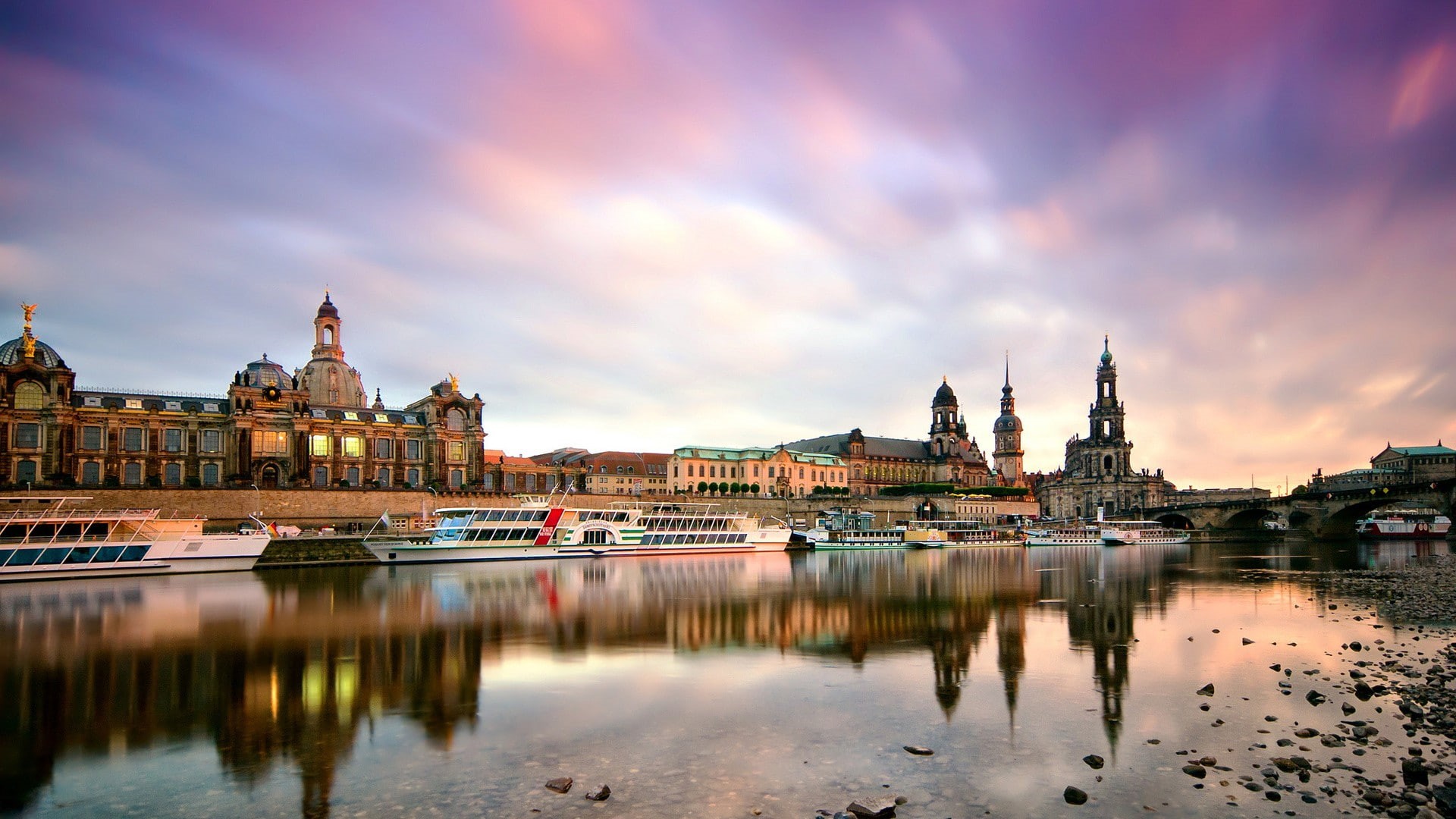nature, boat, architecture, cathedral, old building, church, water, clouds, trees, tower, 1080P, evening, Dresden, building, long exposure, river, stones, HD Wallpaper