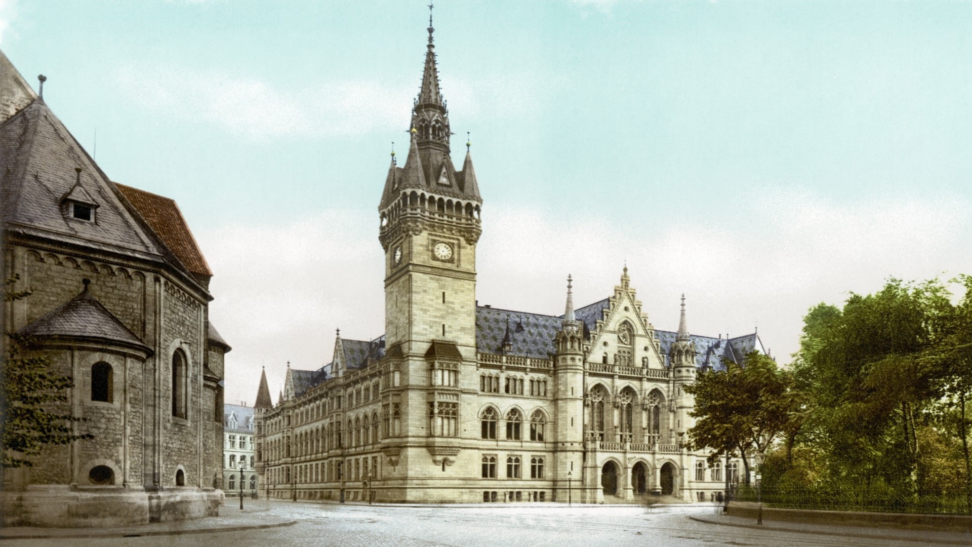 old, building, spire, gothic style, day, tree, trees, building exterior, sky, travel destinations, spirituality, empty, church, travel, city, religion, HD Wallpaper