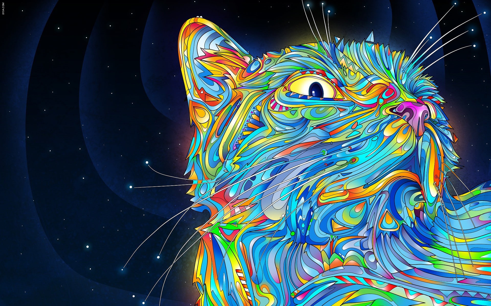Matei Apostolescu, artwork, abstract, 1080P, animals, cat, colorful, psychedelic, HD Wallpaper
