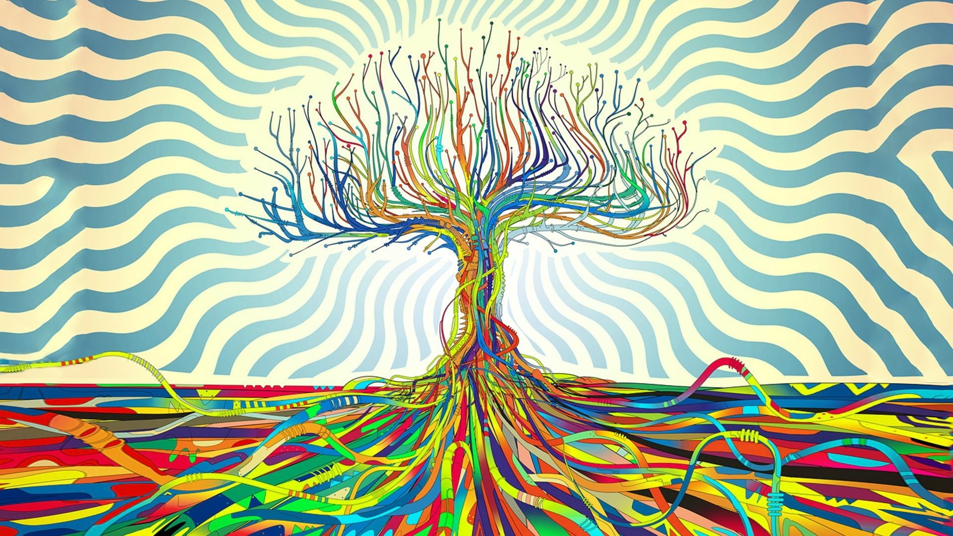 colorful, Matei Apostolescu, trees, abstract, 1080P, wires, HD Wallpaper