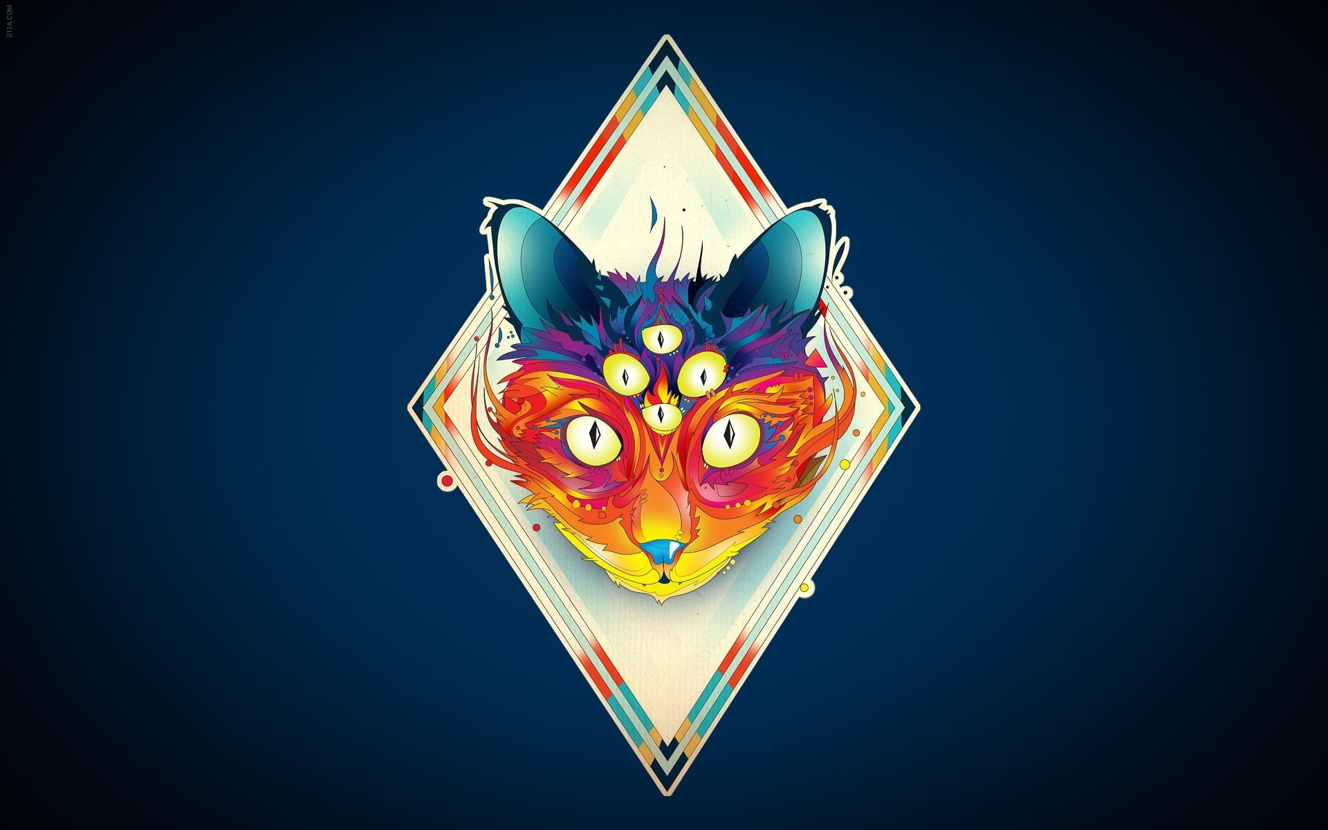 1080P, surreal, artwork, Matei Apostolescu, blue background, cat, colorful, eyes, HD Wallpaper