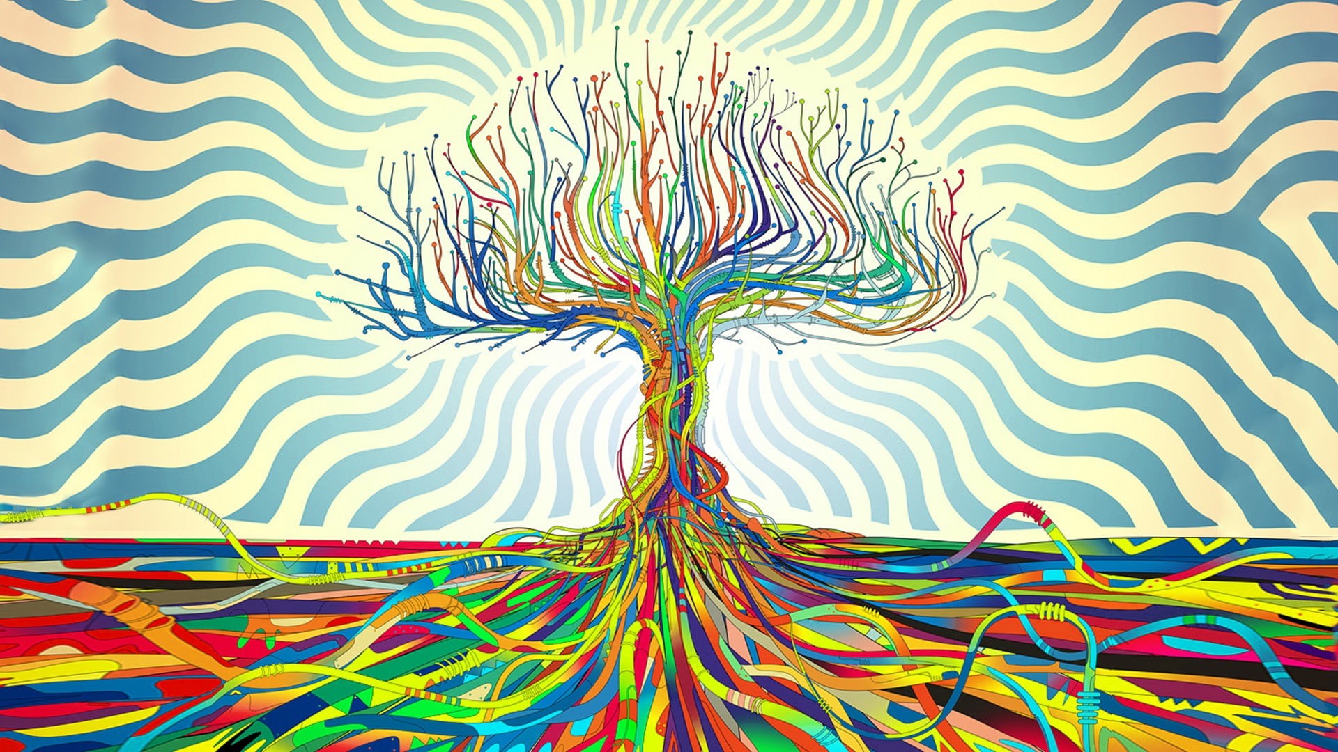 abstract, psychedelic, trees, Matei Apostolescu, 1080P, wires, HD Wallpaper