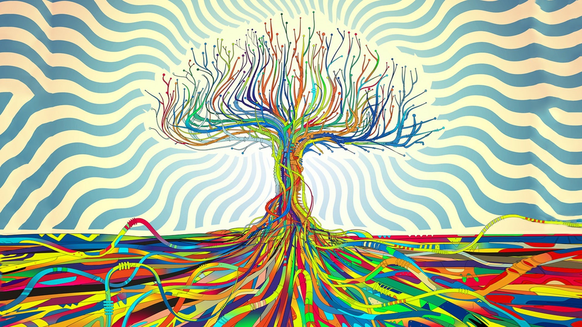 psychedelic, 1080P, Matei Apostolescu, Wires, Trees, abstract, HD Wallpaper