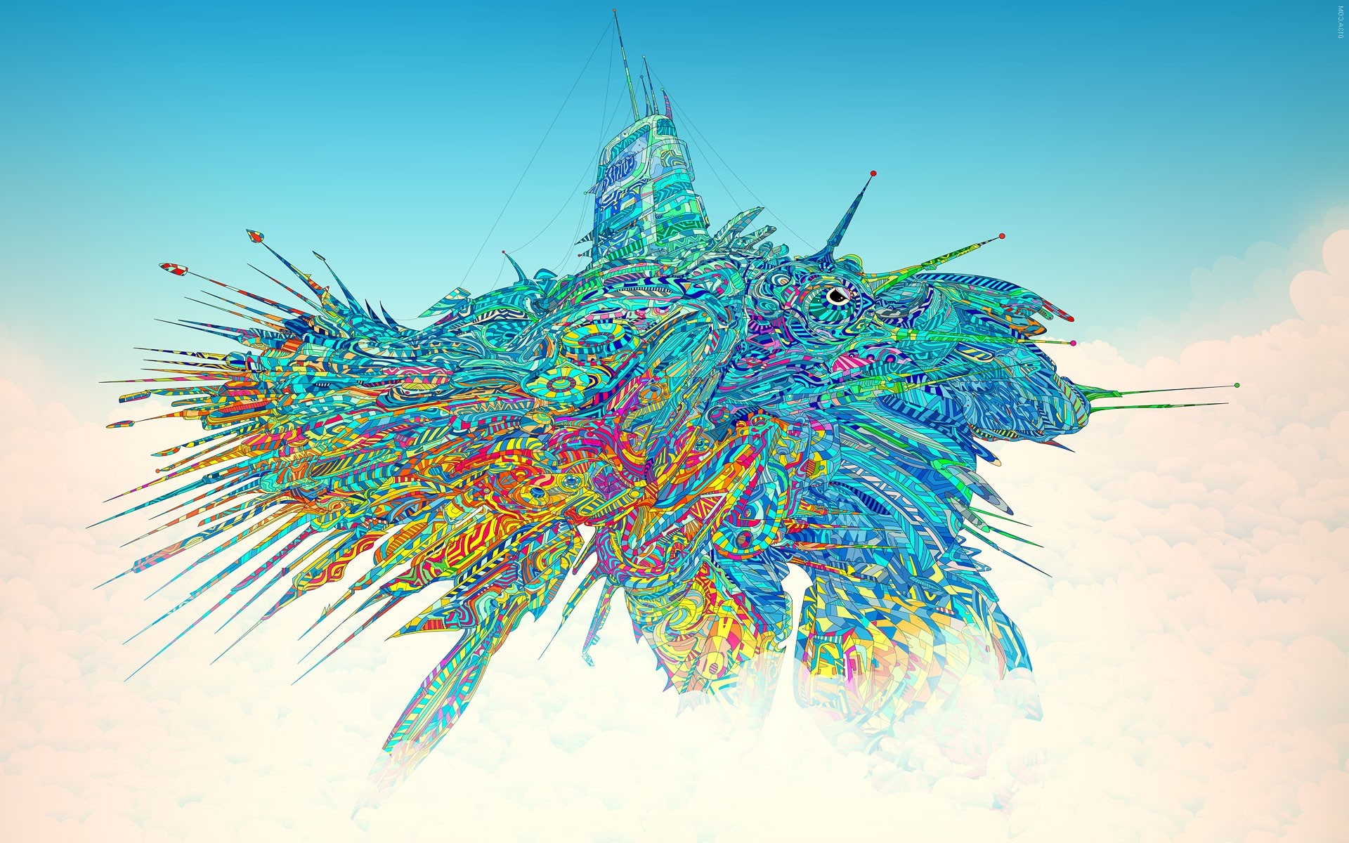 art and craft, pattern, blue, multi colored, no people, decoration, motion, digital composite, creativity, Colorful, travel, aircraft, clear sky, day, 1080P, HD Wallpaper