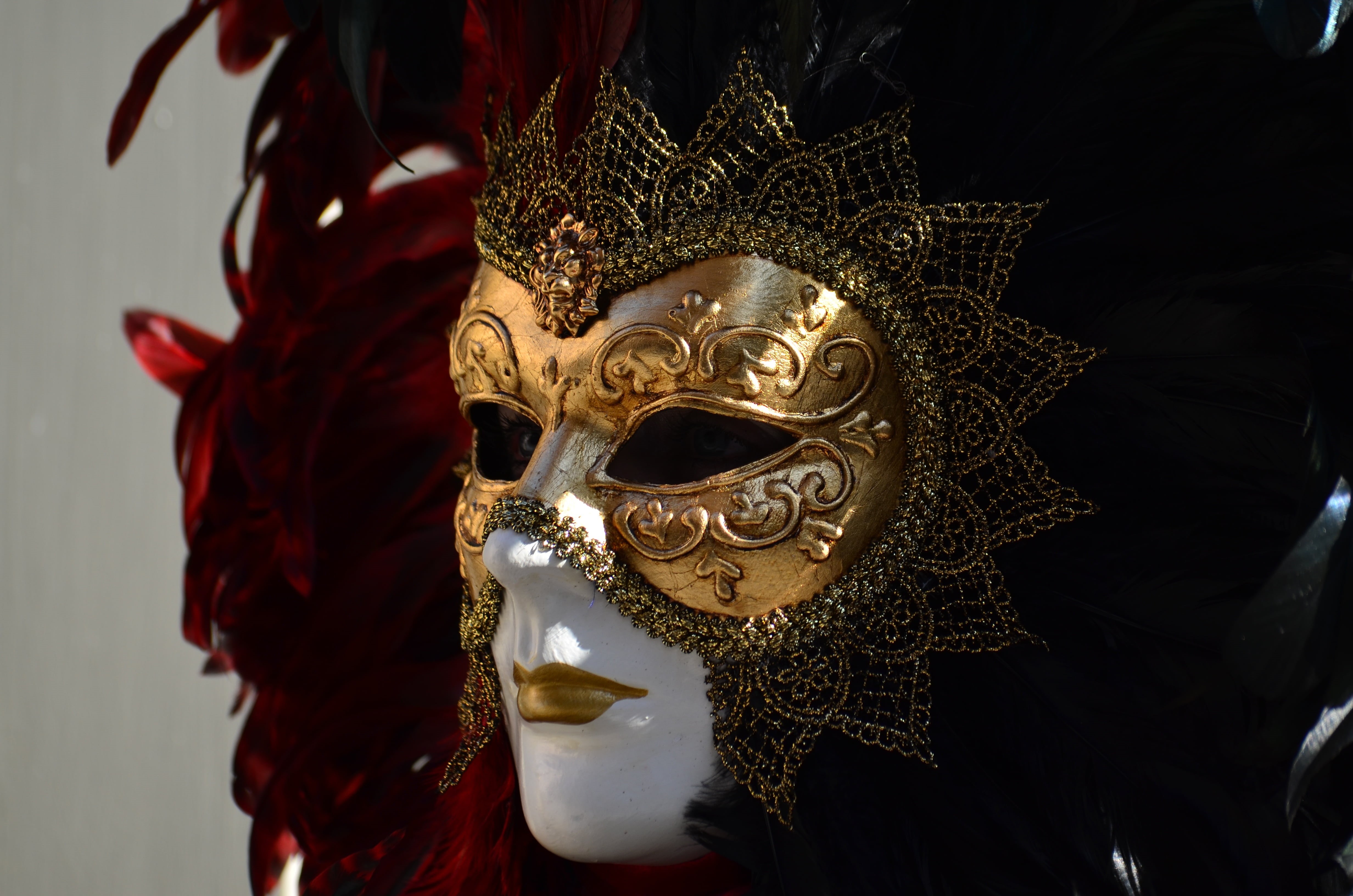 theatrical Performance, human Face, elegance, venice - Italy, panel, red, mask, venezia, representation, face, obscured face, black, day, masquerade, traveling Carnival, HD Wallpaper